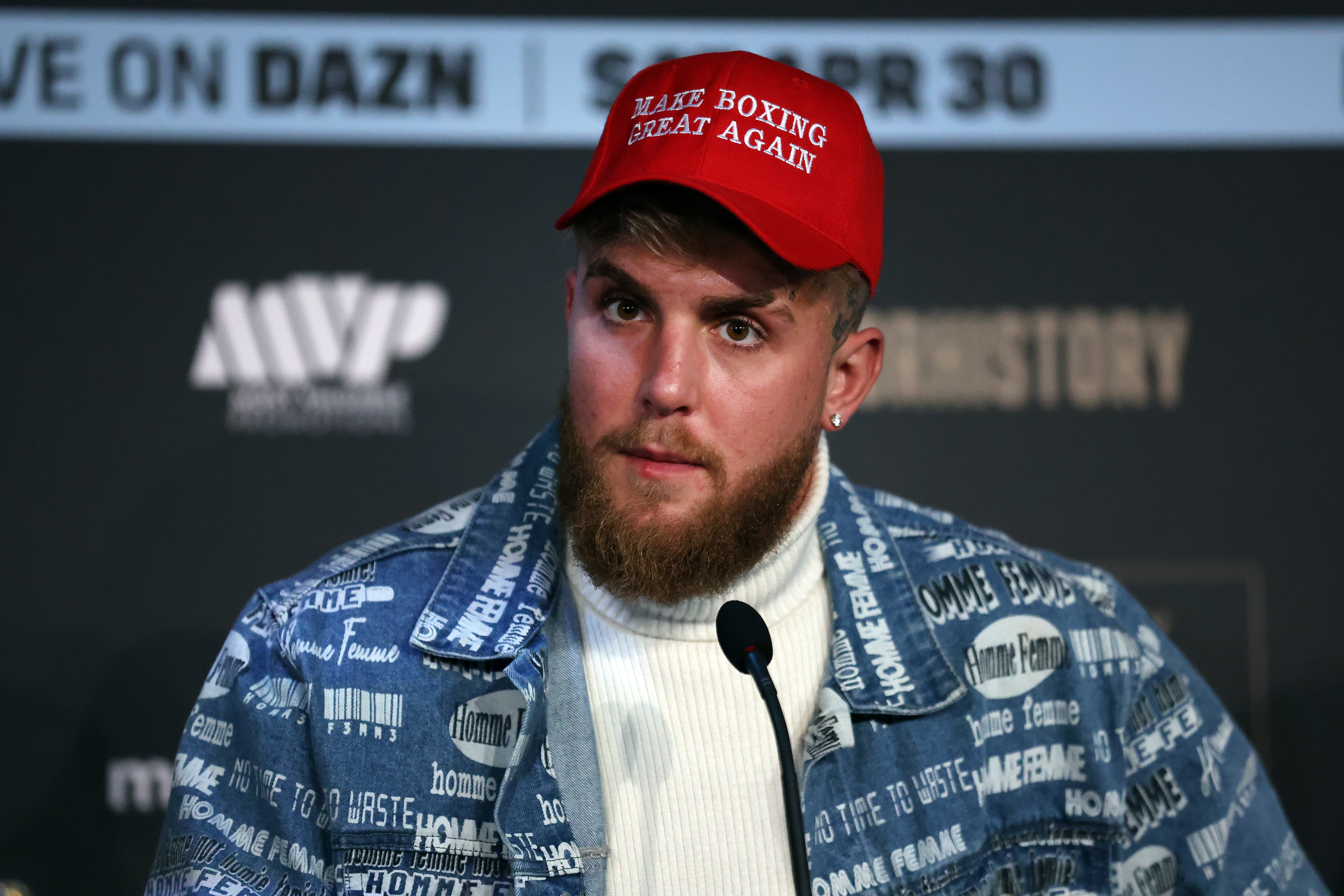 LONDON, ENGLAND - FEBRUARY 07: Jake Paul talks to the media ahead of the fight between Katie Taylor and Amanda Serrano at The Leadenhall Building on February 07, 2022 in London, England. (Photo by Warren Little/Getty Images)