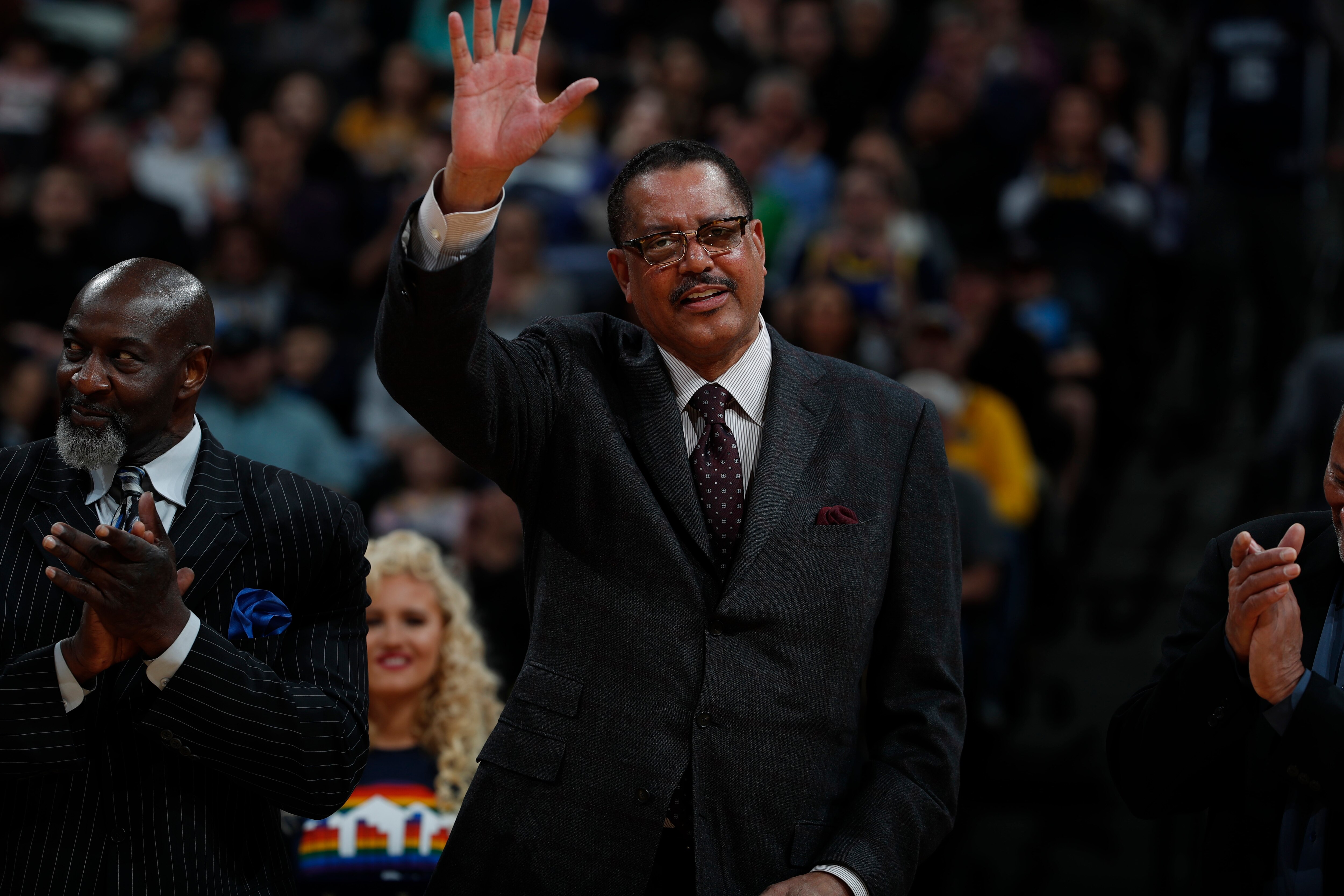 Retired Denver Nuggets center Wayne Cooper in the second half of an NBA basketball game Friday, Jan. 12, 2018, in Denver. The Nuggets won 87-78. (AP Photo/David Zalubowski)