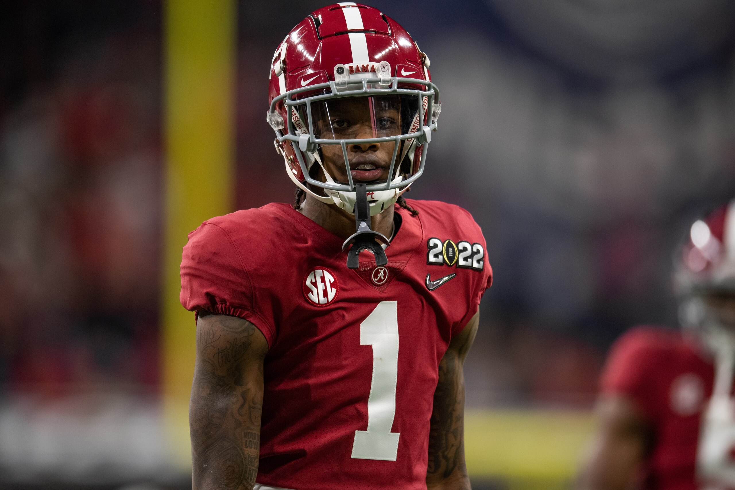 INDIANAPOLIS, IN - JANUARY 10: Alabama Crimson Tide WR Jameson Williams (1) warms up on the field before the Alabama Crimson Tide versus the Georgia Bulldogs in the College Football Playoff National Championship, on January 10, 2022, at Lucas Oil Stadium in Indianapolis, IN. (Photo by Zach Bolinger/Icon Sportswire via Getty Images)