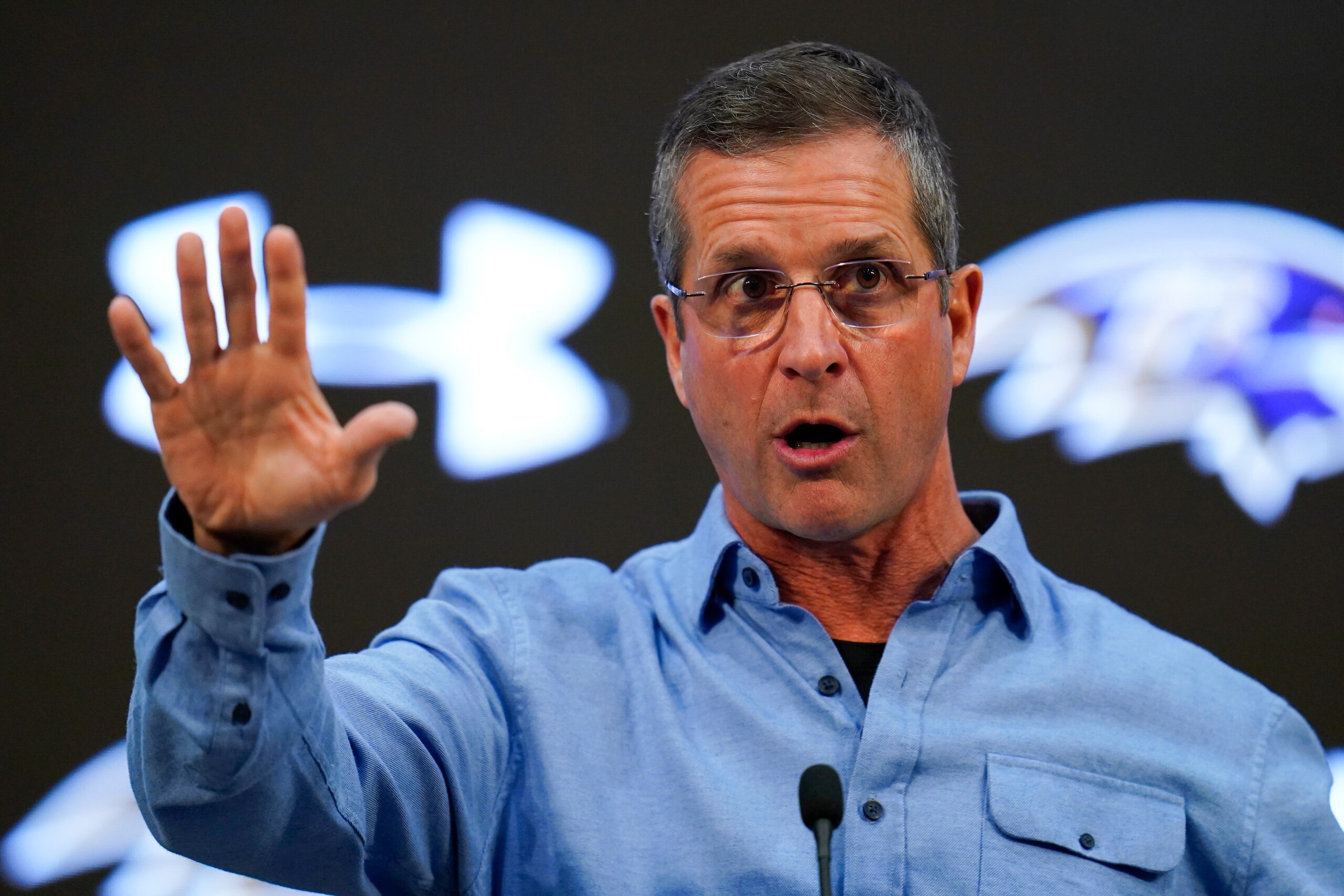 Baltimore Ravens NFL football head coach John Harbaugh addresses reporters during his end of season news conference, Monday, Jan. 31, 2022, in Owings Mills, Md. (AP Photo/Julio Cortez)