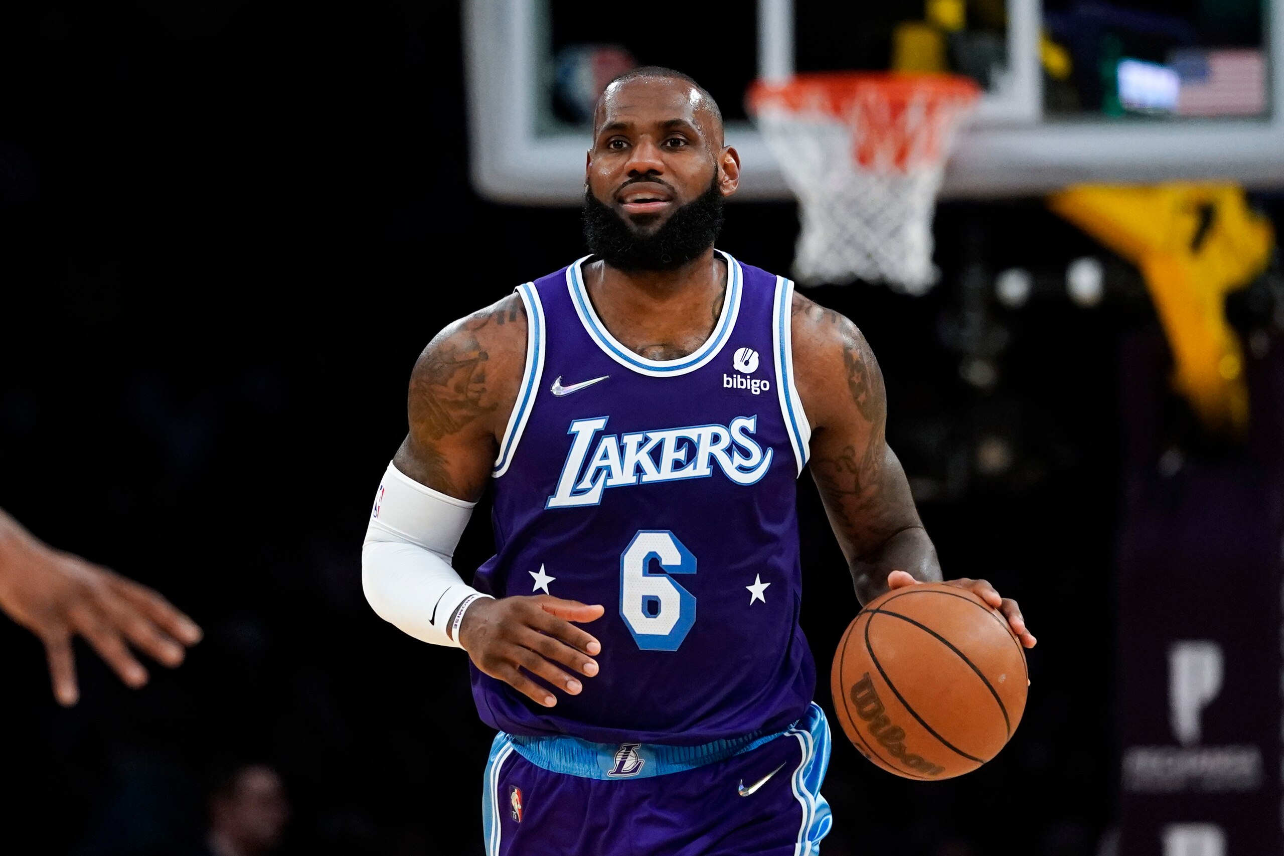 Los Angeles Lakers forward LeBron James (6) controls the ball during an NBA basketball game against the New Orleans Pelicans in Los Angeles, Friday, April 1, 2022. (AP Photo/Ashley Landis) Los Angeles Lakers forward LeBron James (6) controls the ball during an NBA basketball game against the New Orleans Pelicans in Los Angeles, Friday, April 1, 2022. (AP Photo/Ashley Landis)
