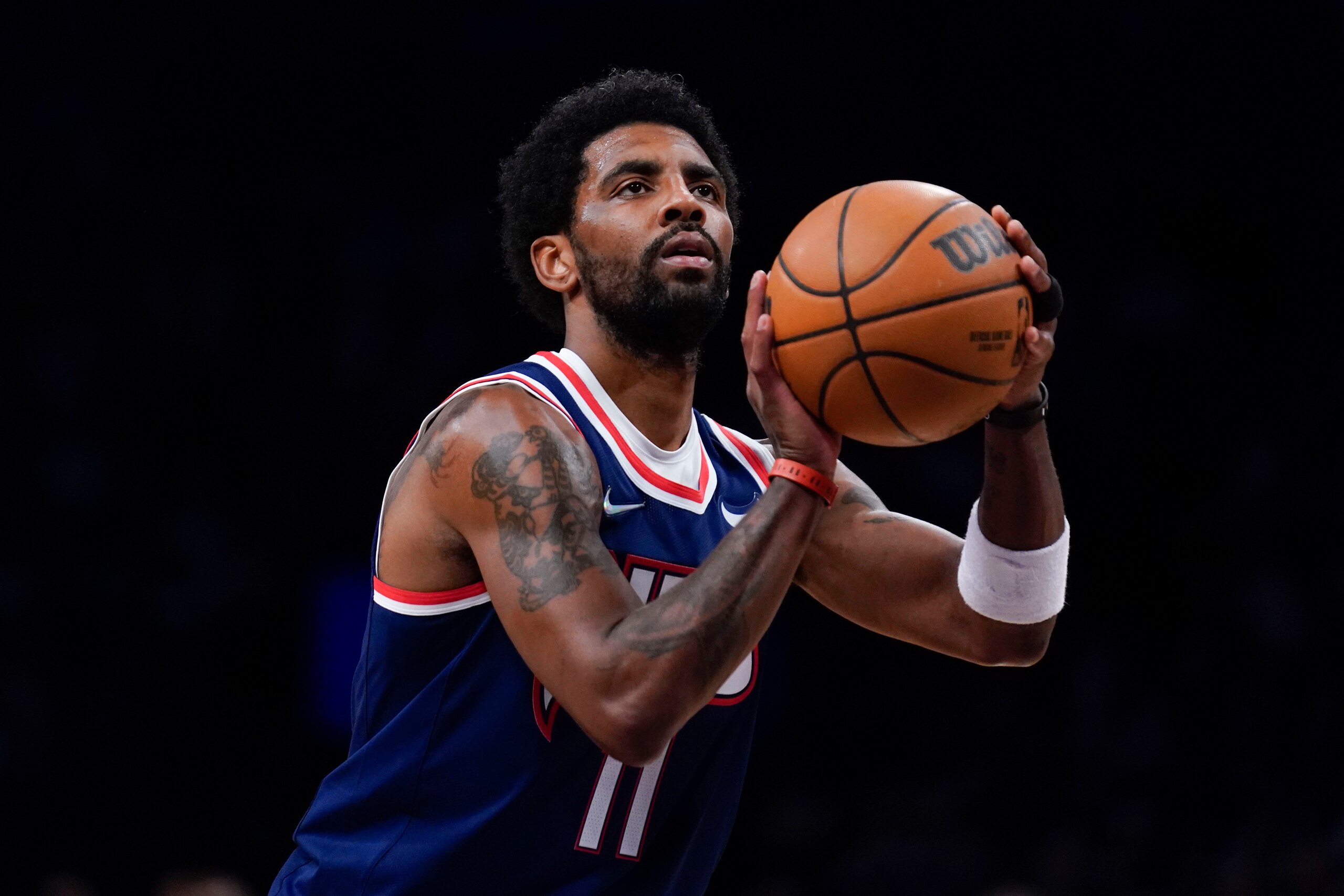 Brooklyn Nets' Kyrie Irving during the second half of an NBA basketball game against the Indiana Pacers at the Barclays Center, Sunday, Apr. 10, 2022, in New York. The Nets defeated the Pacers 134-126. (AP Photo/Seth Wenig)