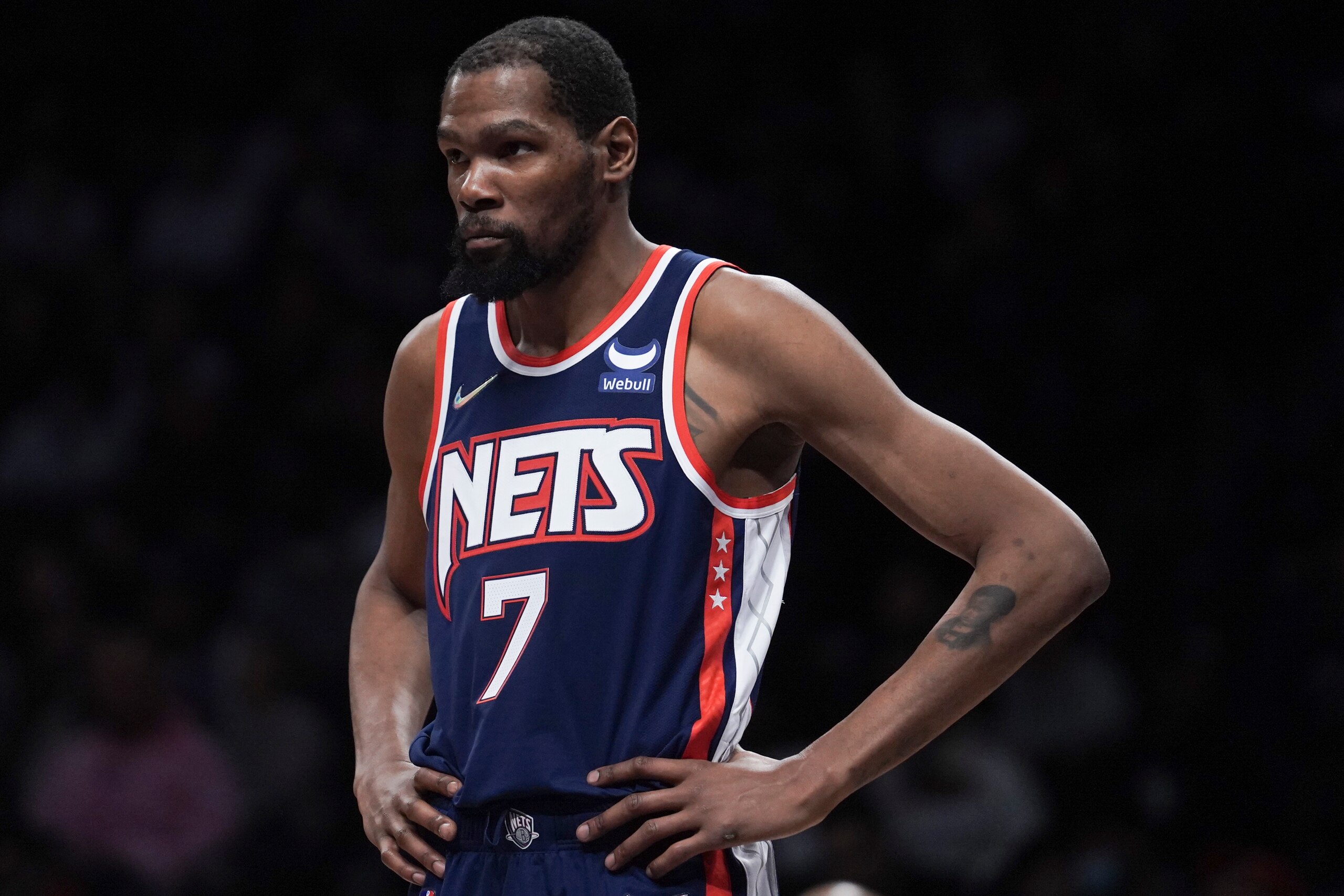 Brooklyn Nets forward Kevin Durant (7) during NBA game against Houston Rockets Tuesday April 5, 2022, in New York. (AP Photo/Bebeto Matthews)