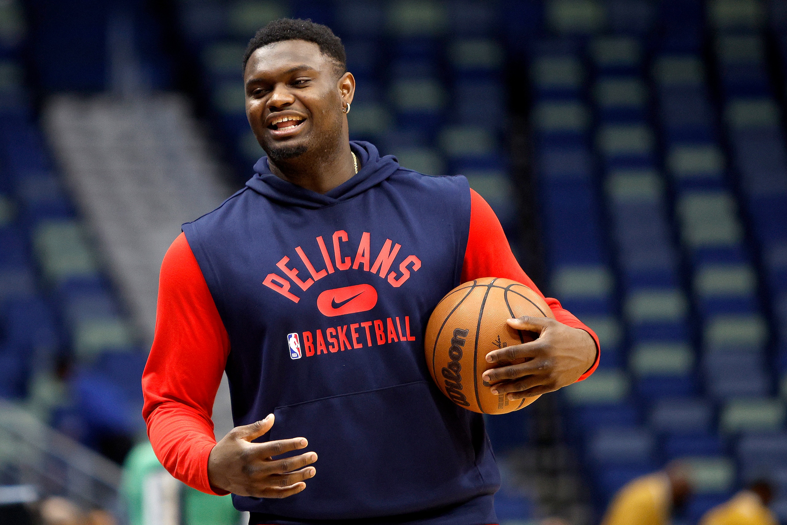 NEW ORLEANS, LOUISIANA - MARCH 27: Zion Williamson #1 of the New Orleans Pelicans stands on the court prior to the start of an NBA game against the Los Angeles Lakers at Smoothie King Center on March 27, 2022 in New Orleans, Louisiana. NOTE TO USER: User expressly acknowledges and agrees that, by downloading and or using this photograph, User is consenting to the terms and conditions of the Getty Images License Agreement. (Photo by Sean Gardner/Getty Images) NEW ORLEANS, LOUISIANA - MARCH 27: Zion Williamson #1 of the New Orleans Pelicans stands on the court prior to the start of an NBA game against the Los Angeles Lakers at Smoothie King Center on March 27, 2022 in New Orleans, Louisiana. NOTE TO USER: User expressly acknowledges and agrees that, by downloading and or using this photograph, User is consenting to the terms and conditions of the Getty Images License Agreement. (Photo by Sean Gardner/Getty Images)