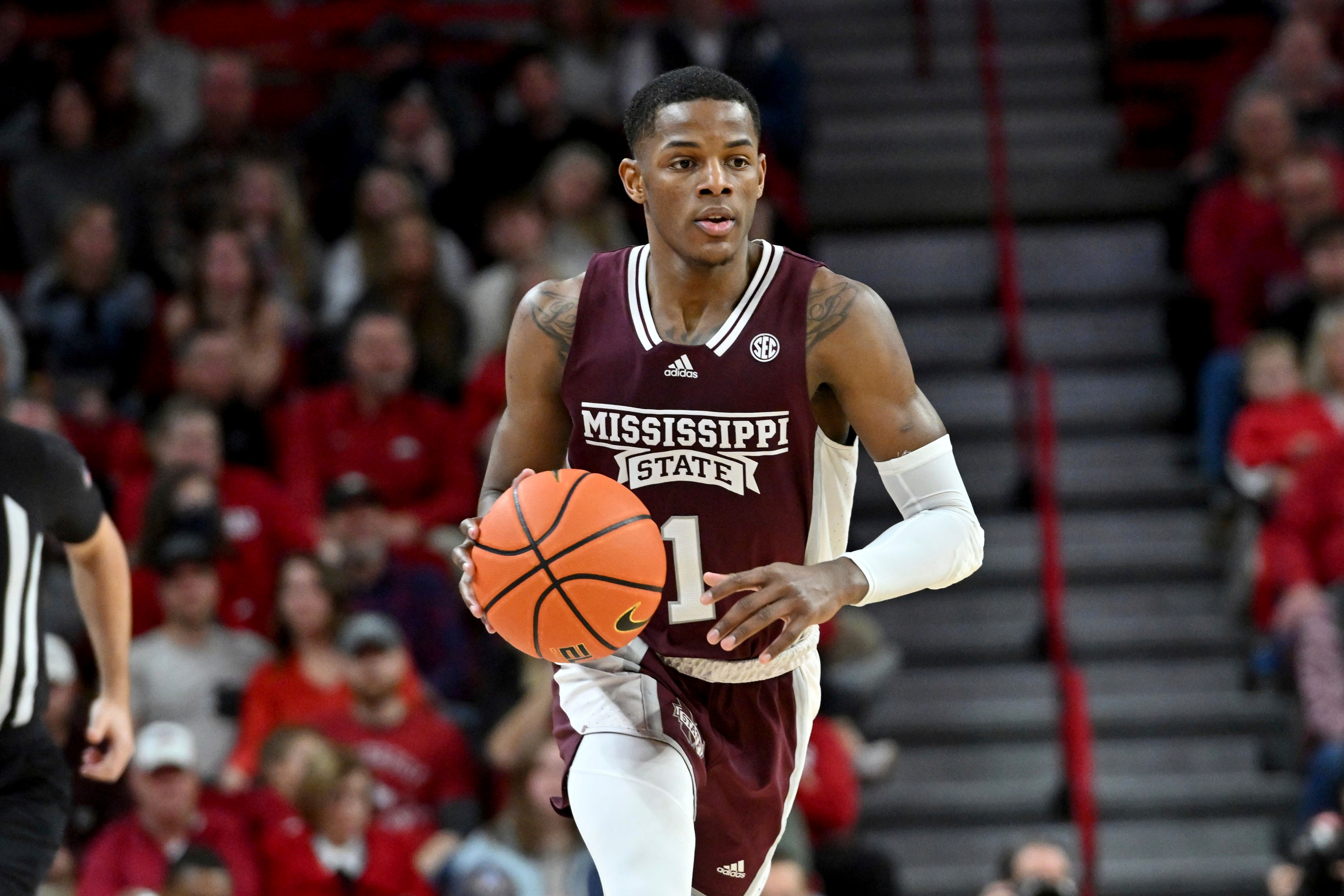 Mississippi State guard Iverson Molinar (1) against Arkansas during an NCAA college basketball game Saturday, Feb. 5, 2022, in Fayetteville, Ark. (AP Photo/Michael Woods)
