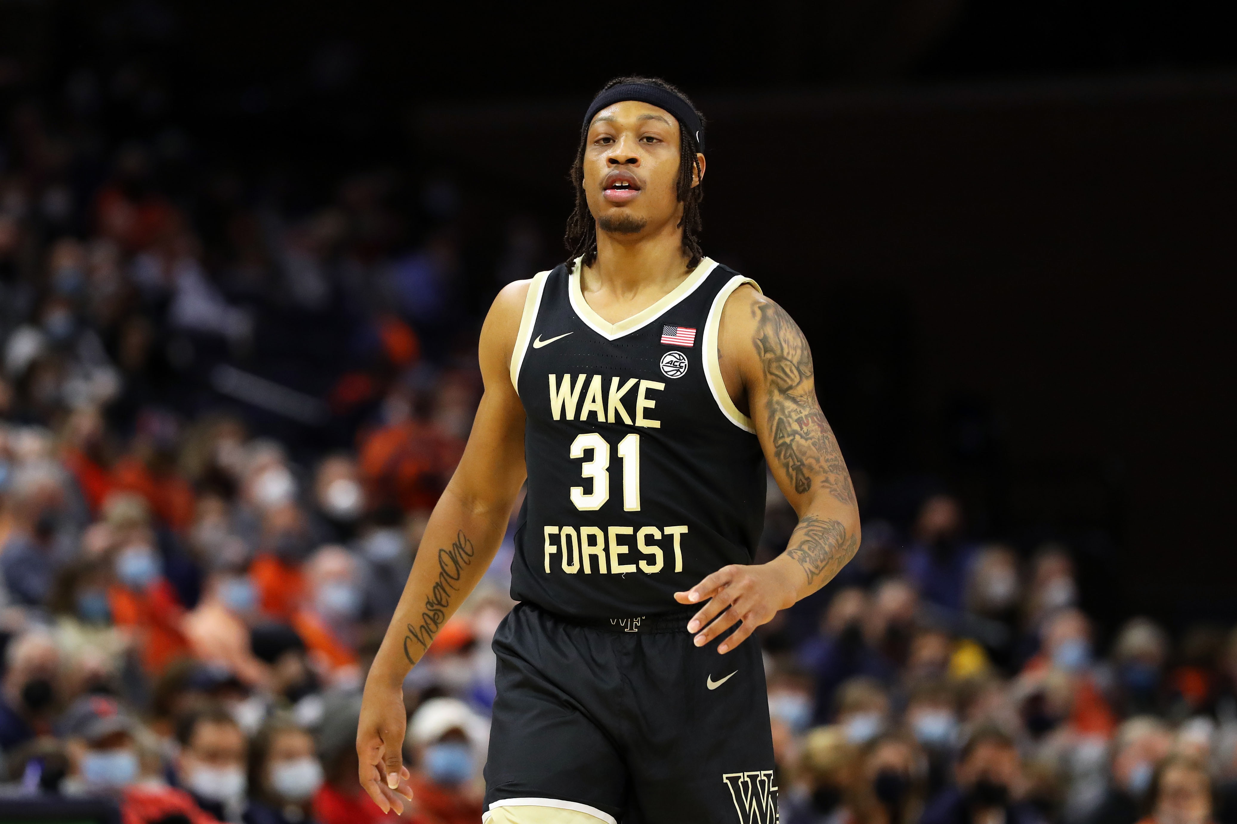 CHARLOTTESVILLE, VA - JANUARY 15: Alondes Williams #31 of the Wake Forest Demon Deacons during a game against the Virginia Cavaliers at John Paul Jones Arena on January 15, 2022 in Charlottesville, Virginia. (Photo by Ryan M. Kelly/Getty Images)