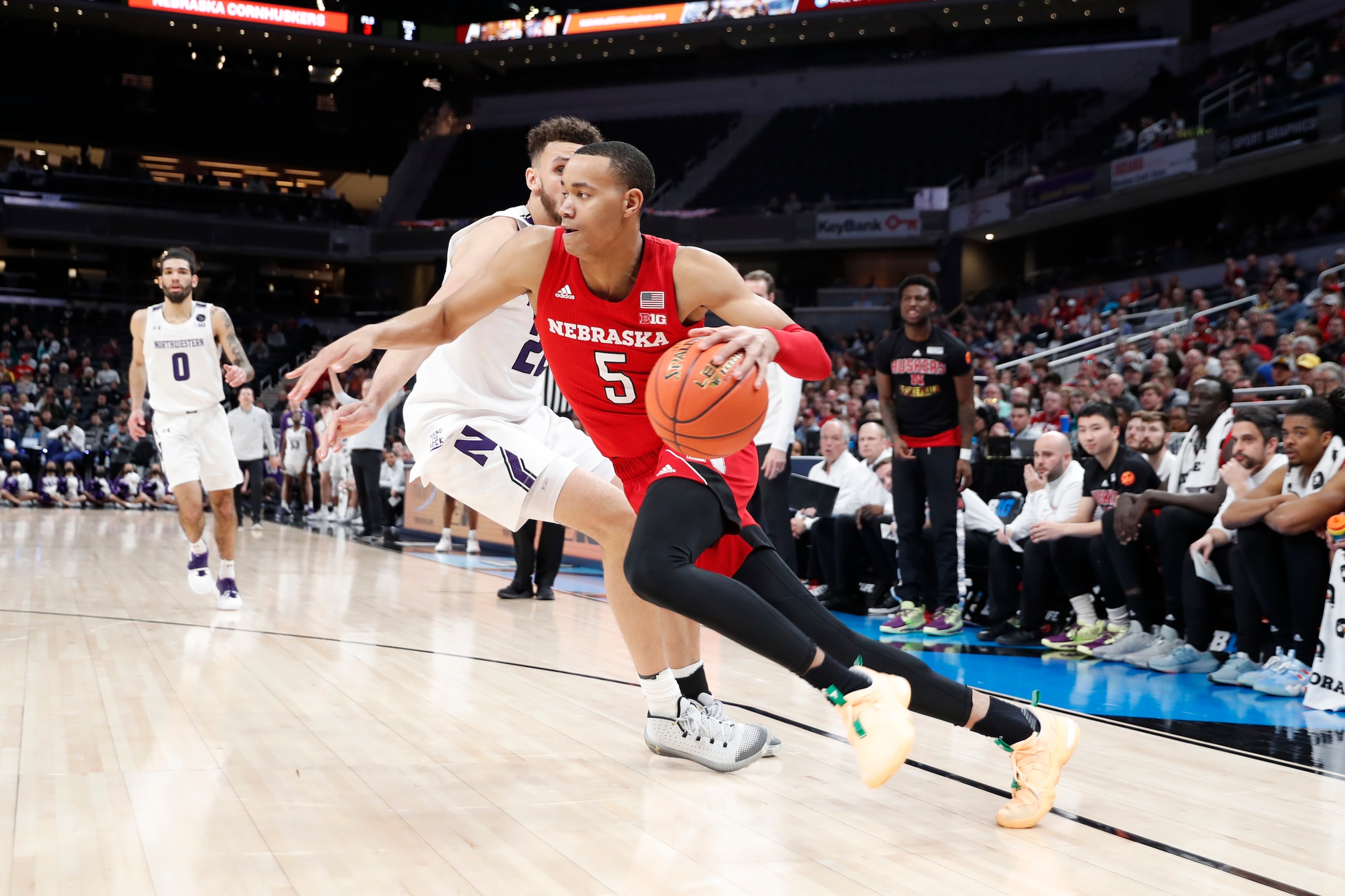INDIANAPOLIS, IN - MARCH 09: Nebraska Cornhuskers guard Bryce McGowens (5) drives to the basket against the Northwestern Wildcats on March 9, 2022 during the Big Ten Tournament at Gainbridge Fieldhouse in Indianapolis, Indiana. (Photo by Brian Spurlock/Icon Sportswire via Getty Images) INDIANAPOLIS, IN - MARCH 09: Nebraska Cornhuskers guard Bryce McGowens (5) drives to the basket against the Northwestern Wildcats on March 9, 2022 during the Big Ten Tournament at Gainbridge Fieldhouse in Indianapolis, Indiana. (Photo by Brian Spurlock/Icon Sportswire via Getty Images)
