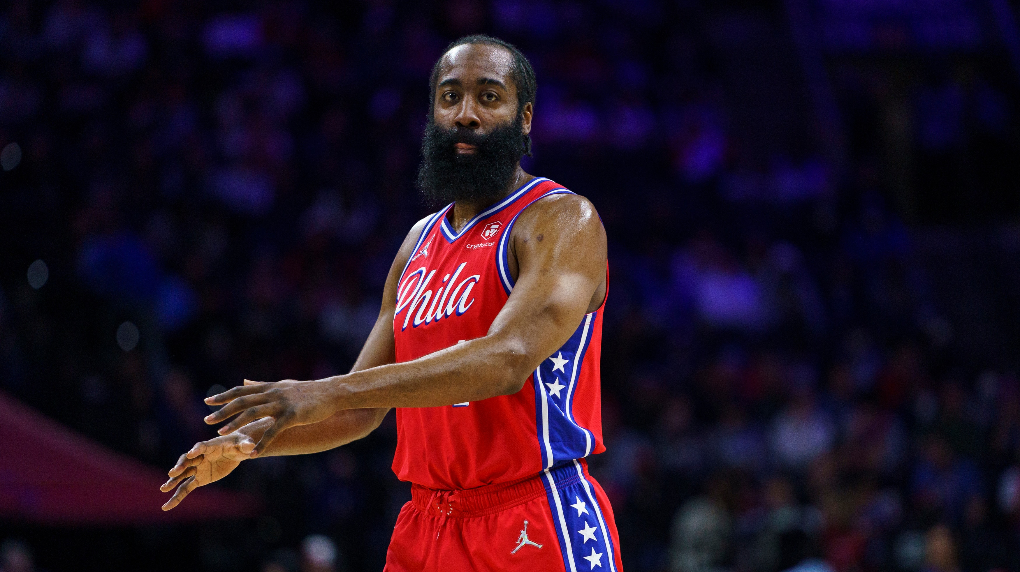 Philadelphia 76ers' James Harden in action during an NBA basketball game against the Indiana Pacers, Saturday, April 9, 2022, in Philadelphia. The 76ers won 133-120. (AP Photo/Chris Szagola)