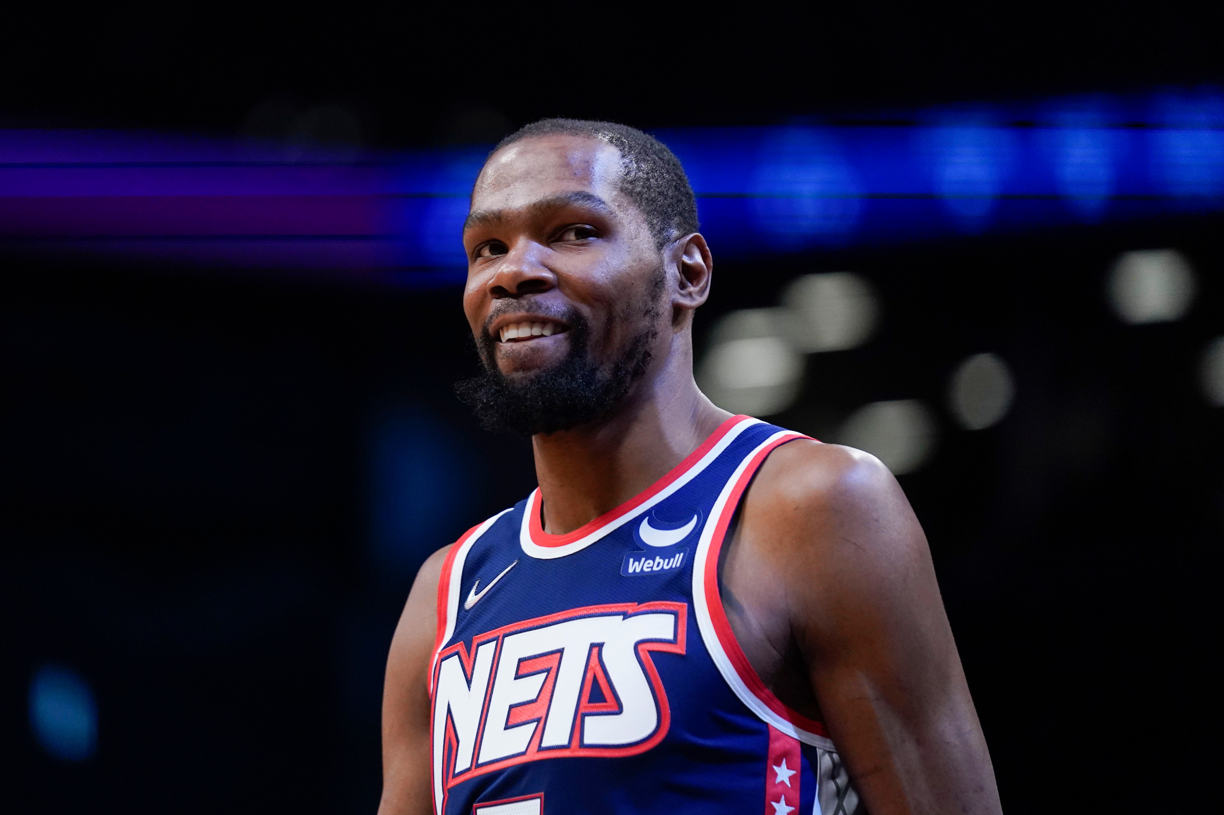 Brooklyn Nets' Kevin Durant during the first half of an NBA basketball game against the Indiana Pacers at the Barclays Center, Sunday, Apr. 10, 2022, in New York. (AP Photo/Seth Wenig)