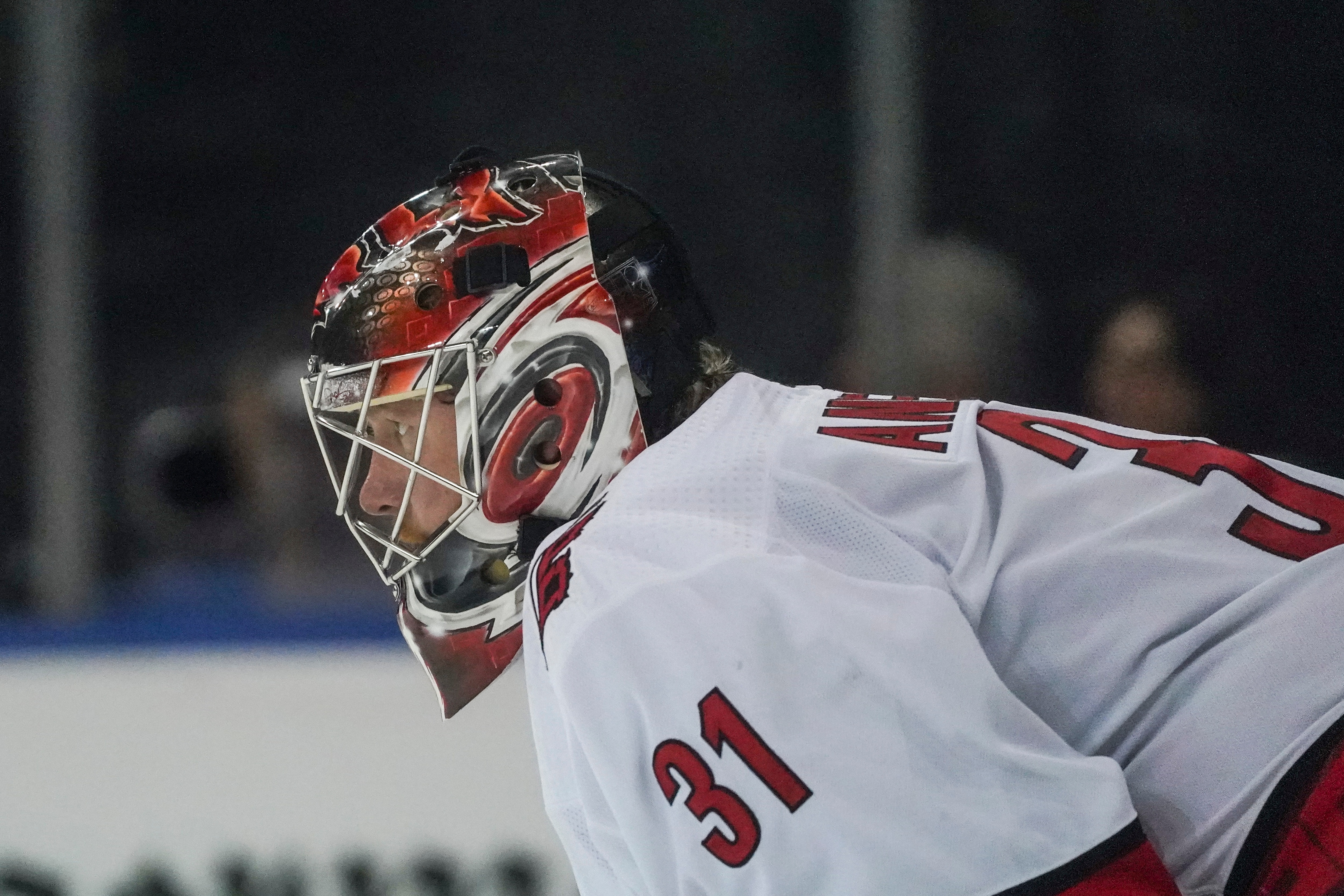 Carolina Hurricanes goaltender Frederik Andersen (31) watches play during the second period of an NHL hockey game against New York Rangers, Tuesday April 12, 2022, in New York. (AP Photo/Bebeto Matthews)