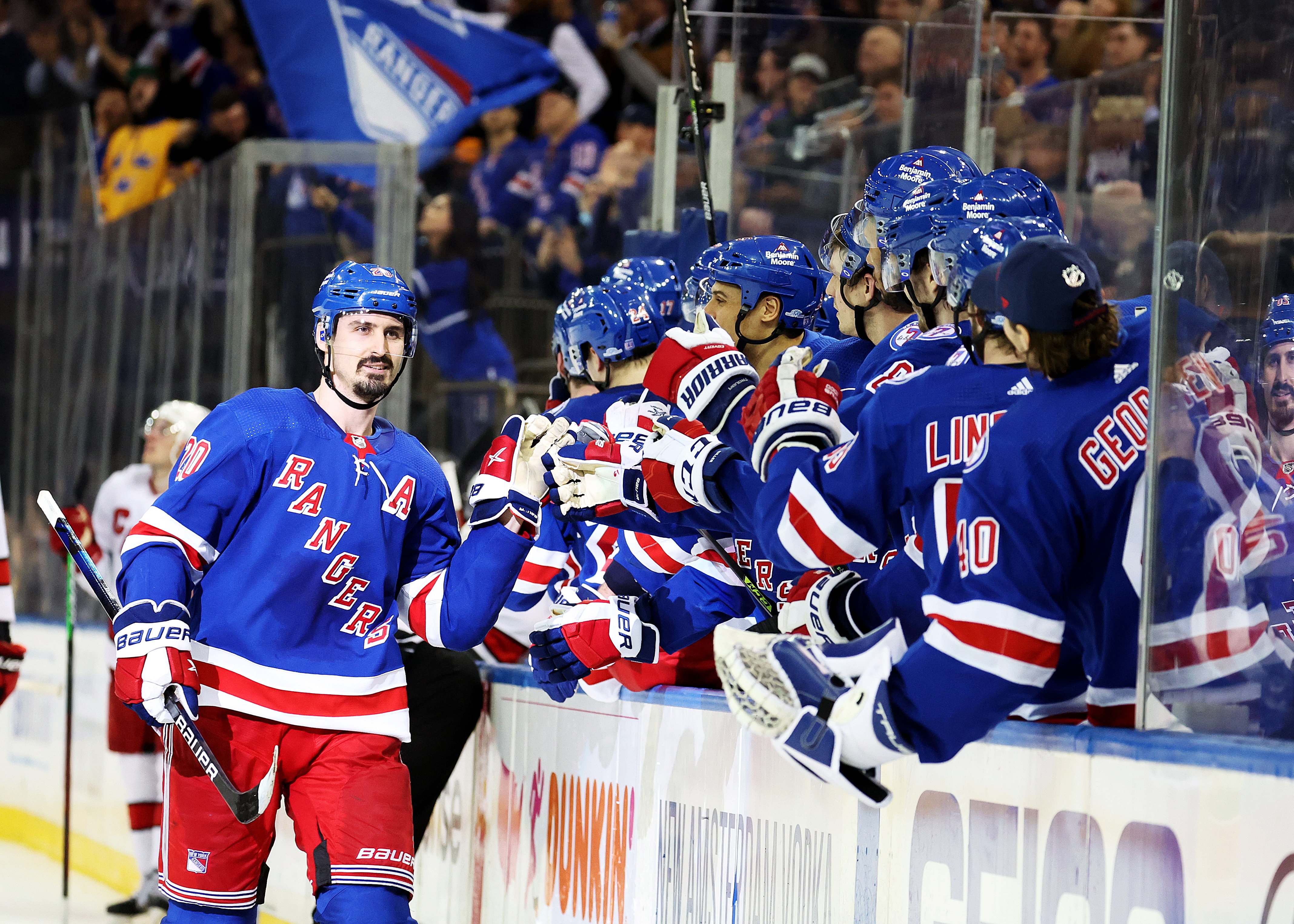 NEW YORK, NEW YORK - APRIL 12:  Chris Kreider #20 of the New York Rangers celebrates after becoming the fourth player in New York Rangers history to score 50 goals in a season in the third period against the Carolina Hurricanes  at Madison Square Garden on April 12, 2022 in New York City. (Photo by Al Bello/Getty Images)