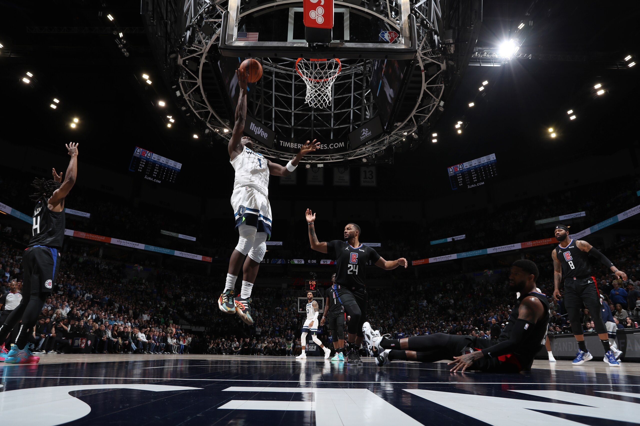 MINNEAPOLIS, MN - APRIL 12: Anthony Edwards #1 of the Minnesota Timberwolves drives to the basket against the LA Clippers during the 2022 Play-In Tournament on April 12, 2022 at Target Center in Minneapolis, Minnesota. NOTE TO USER: User expressly acknowledges and agrees that, by downloading and or using this Photograph, user is consenting to the terms and conditions of the Getty Images License Agreement. Mandatory Copyright Notice: Copyright 2022 NBAE (Photo by Jordan Johnson/NBAE via Getty Images)
