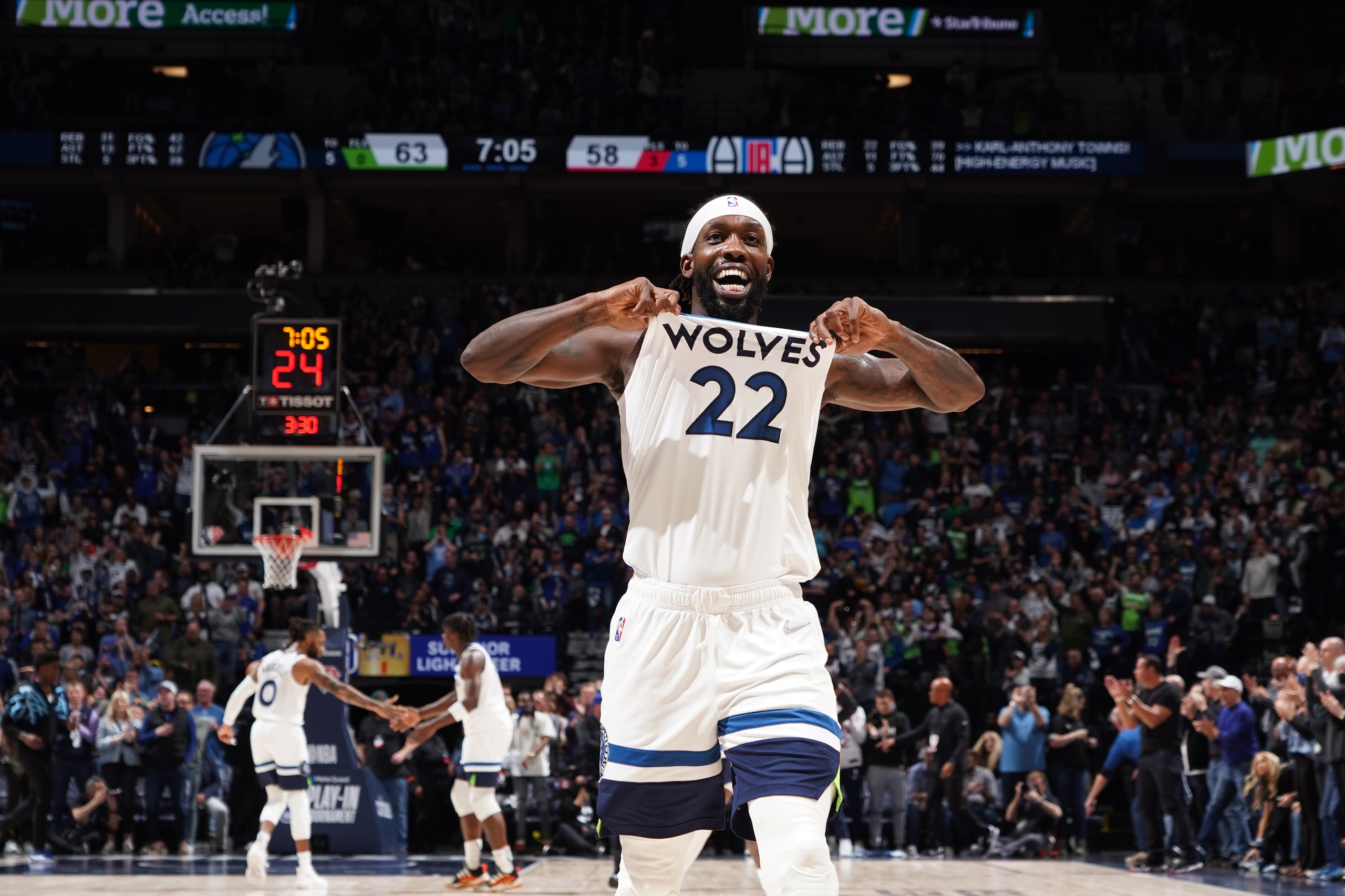 MINNEAPOLIS, MN - APRIL 12: Patrick Beverley #22 of the Minnesota Timberwolves celebrates against the LA Clippers during the 2022 Play-In Tournament on April 12, 2022 at Target Center in Minneapolis, Minnesota. NOTE TO USER: User expressly acknowledges and agrees that, by downloading and or using this Photograph, user is consenting to the terms and conditions of the Getty Images License Agreement. Mandatory Copyright Notice: Copyright 2022 NBAE (Photo by Jordan Johnson/NBAE via Getty Images)