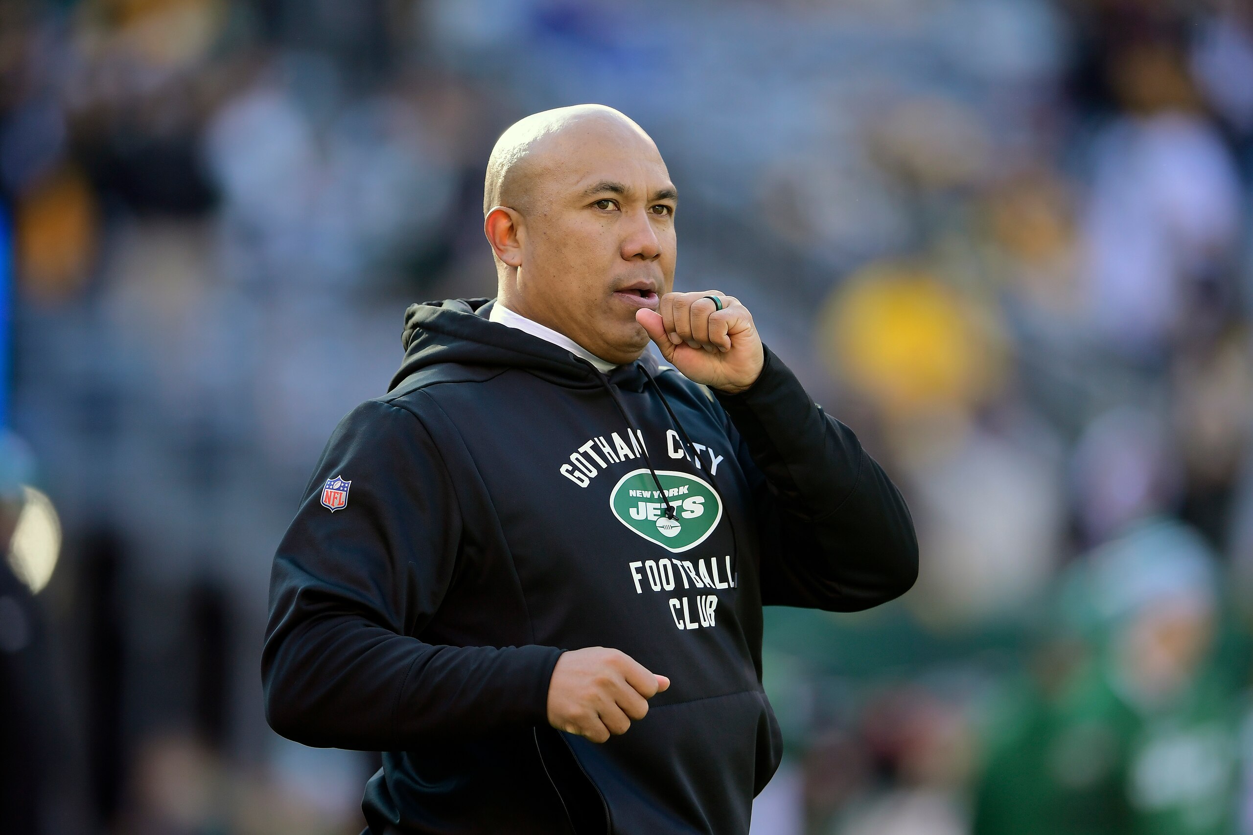 EAST RUTHERFORD, NEW JERSEY - DECEMBER 22:  Assistant coach Hines Ward of the New York Jets looks on against the Pittsburgh Steelers at MetLife Stadium on December 22, 2019 in East Rutherford, New Jersey. (Photo by Steven Ryan/Getty Images)