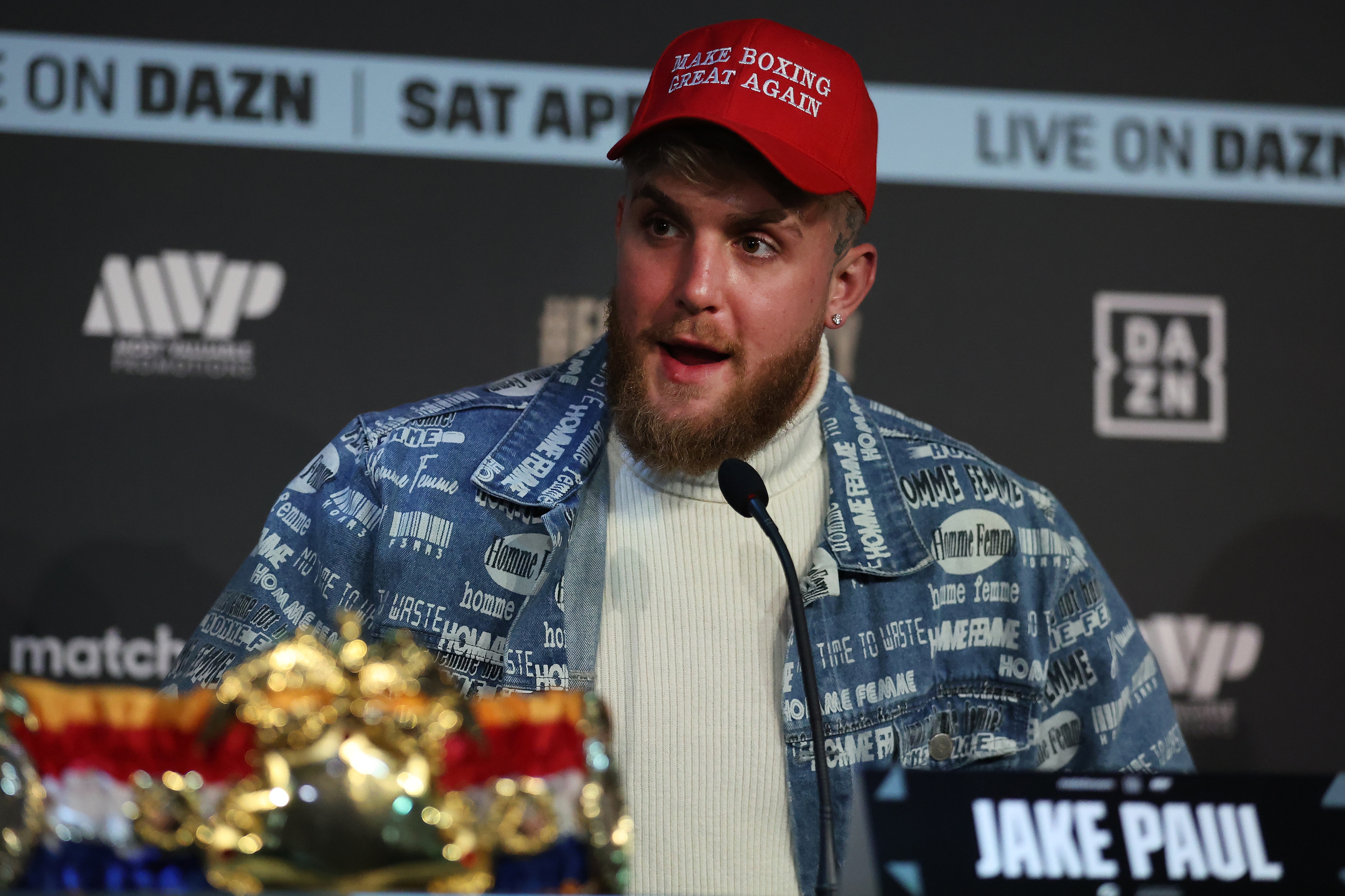 LONDON, ENGLAND - FEBRUARY 07: Jake Paul talks to the media ahead of the fight between Katie Taylor and Amanda Serrano at The Leadenhall Building on February 07, 2022 in London, England. (Photo by Warren Little/Getty Images)