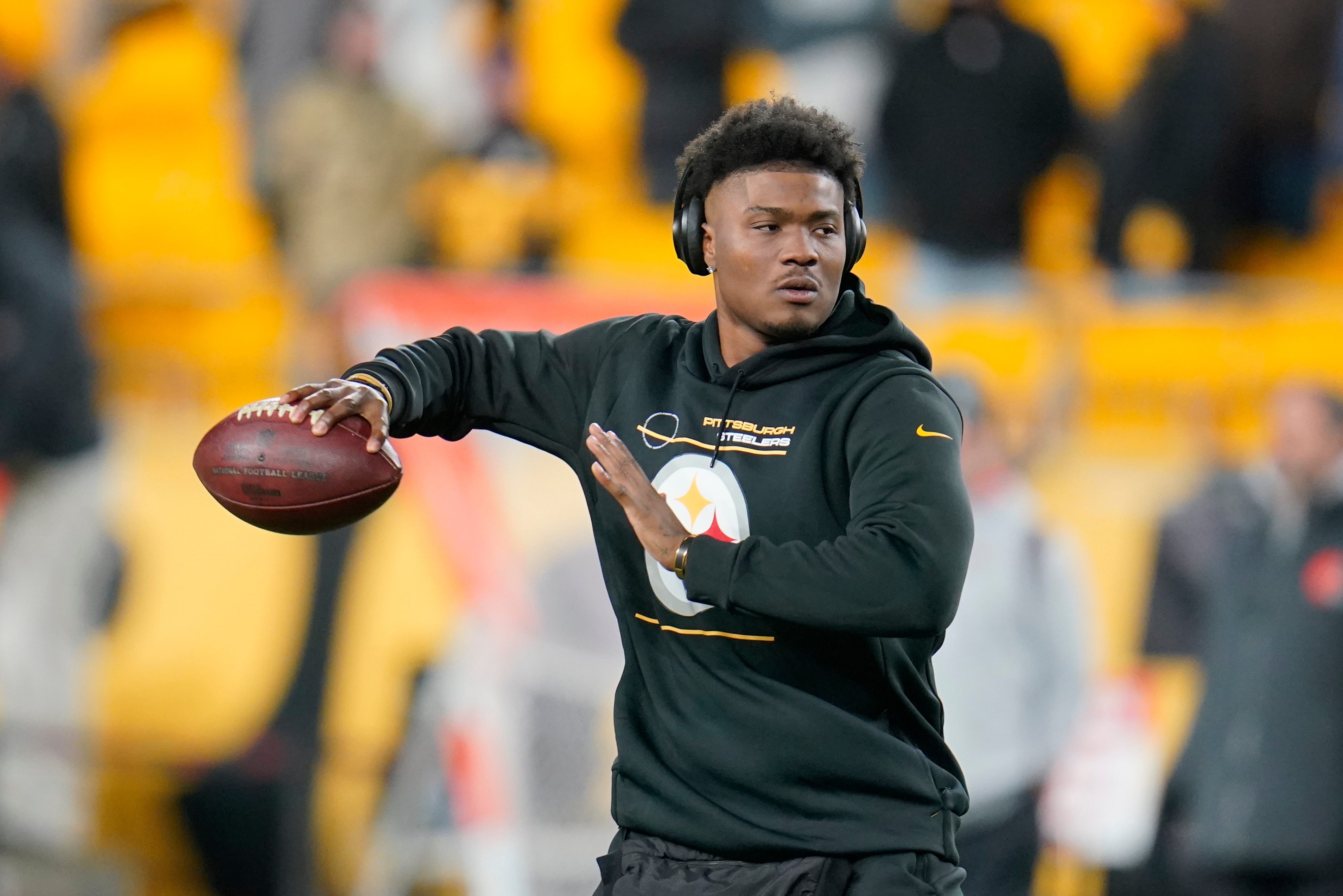 Pittsburgh Steelers quarterback Dwayne Haskins (3) warms up before an NFL football game against the Cleveland Browns, Monday, Jan. 3, 2022, in Pittsburgh. (AP Photo/Gene J. Puskar)