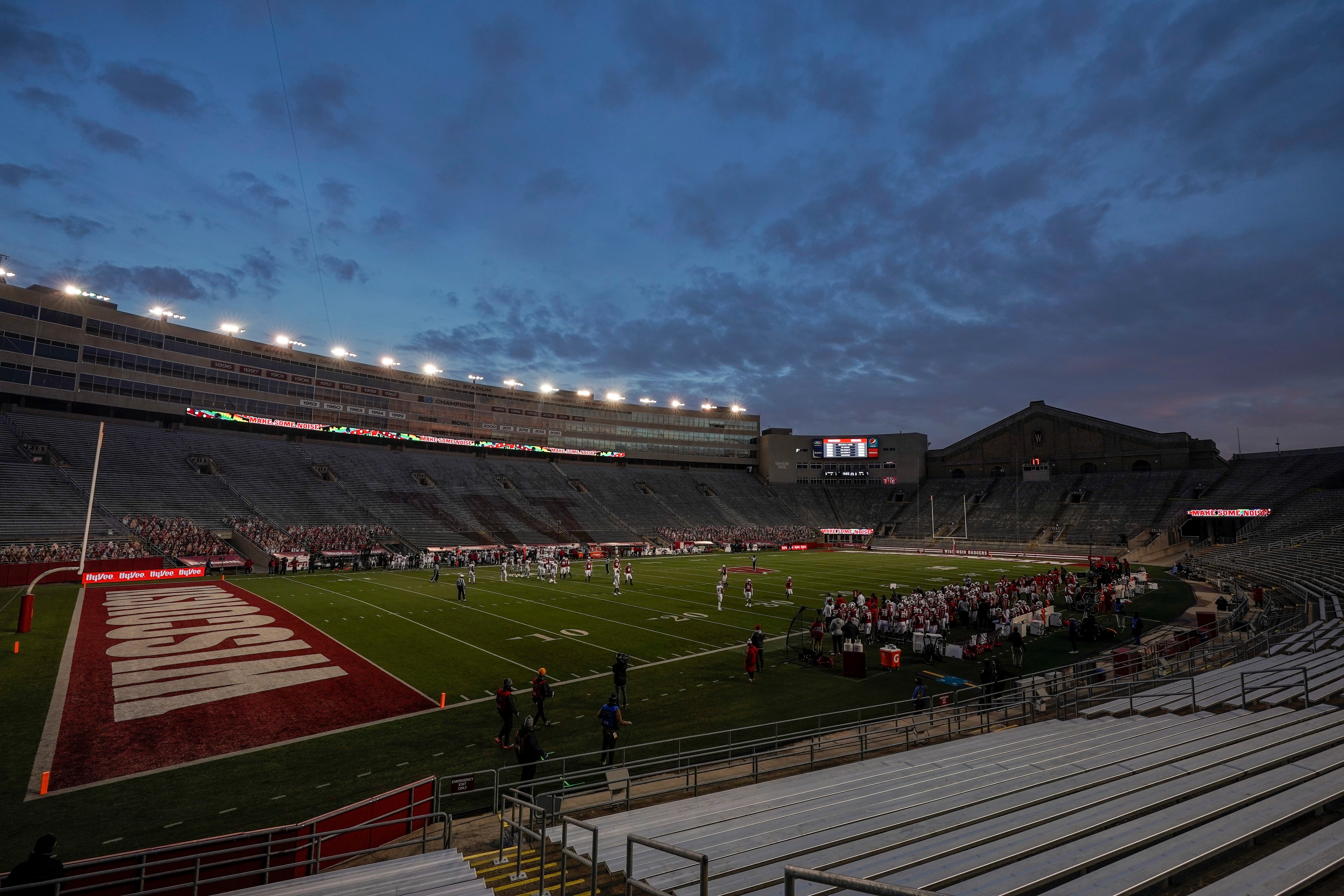 The seats at Camp Randall Stadium are empty during the second half of an NCAA college football game between Wisconsin and Indiana Saturday, Dec. 5, 2020, in Madison, Wis. (AP Photo/Morry Gash)