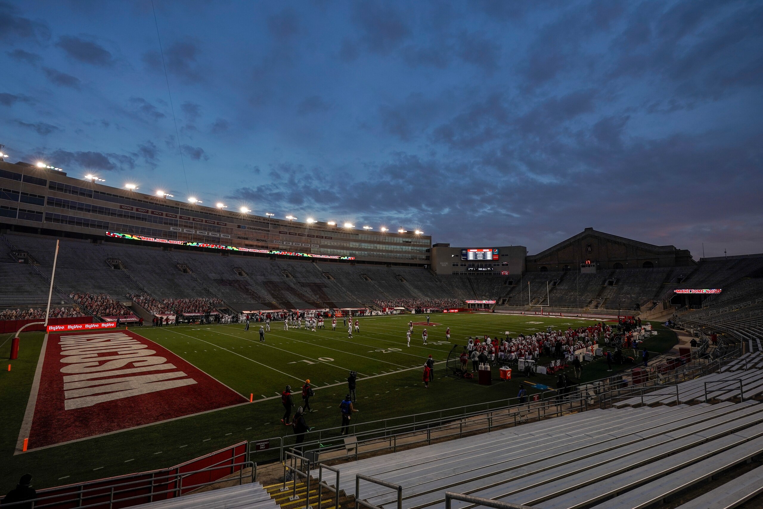 The seats at Camp Randall Stadium are empty during the second half of an NCAA college football game between Wisconsin and Indiana Saturday, Dec. 5, 2020, in Madison, Wis. (AP Photo/Morry Gash)