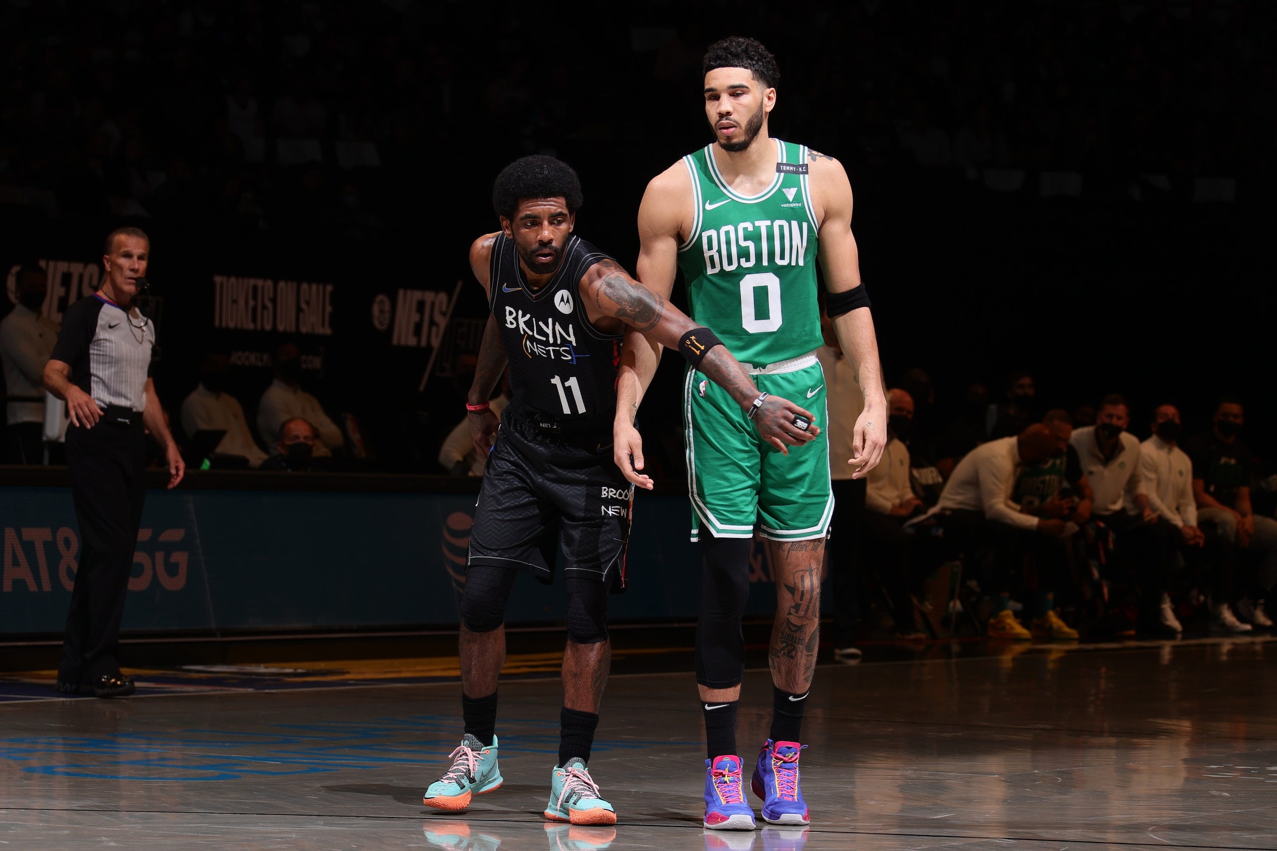 BROOKLYN, NY - MAY 25: Kyrie Irving #11 of the Brooklyn Nets and Jayson Tatum #0 of the Boston Celtics fight for position during Round 1, Game 2 of the 2021 NBA Playoffs on May 25, 2021 at Barclays Center in Brooklyn, New York. NOTE TO USER: User expressly acknowledges and agrees that, by downloading and or using this Photograph, user is consenting to the terms and conditions of the Getty Images License Agreement. Mandatory Copyright Notice: Copyright 2021 NBAE (Photo by Nathaniel S. Butler/NBAE via Getty Images)