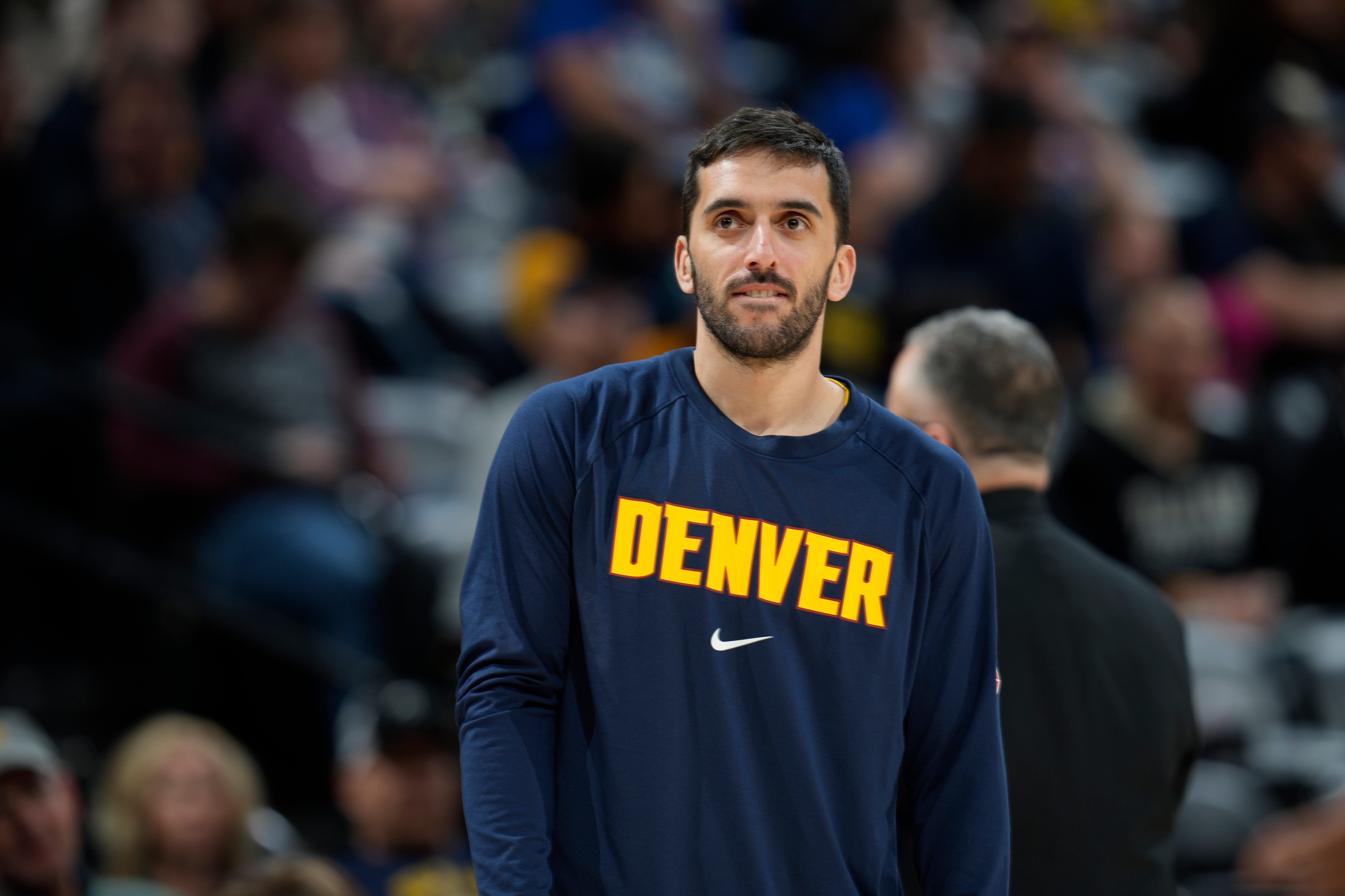 Denver Nuggets guard Facundo Campazzo (7) in the second half of an NBA basketball game Friday, April 1, 2022, in Denver. (AP Photo/David Zalubowski)