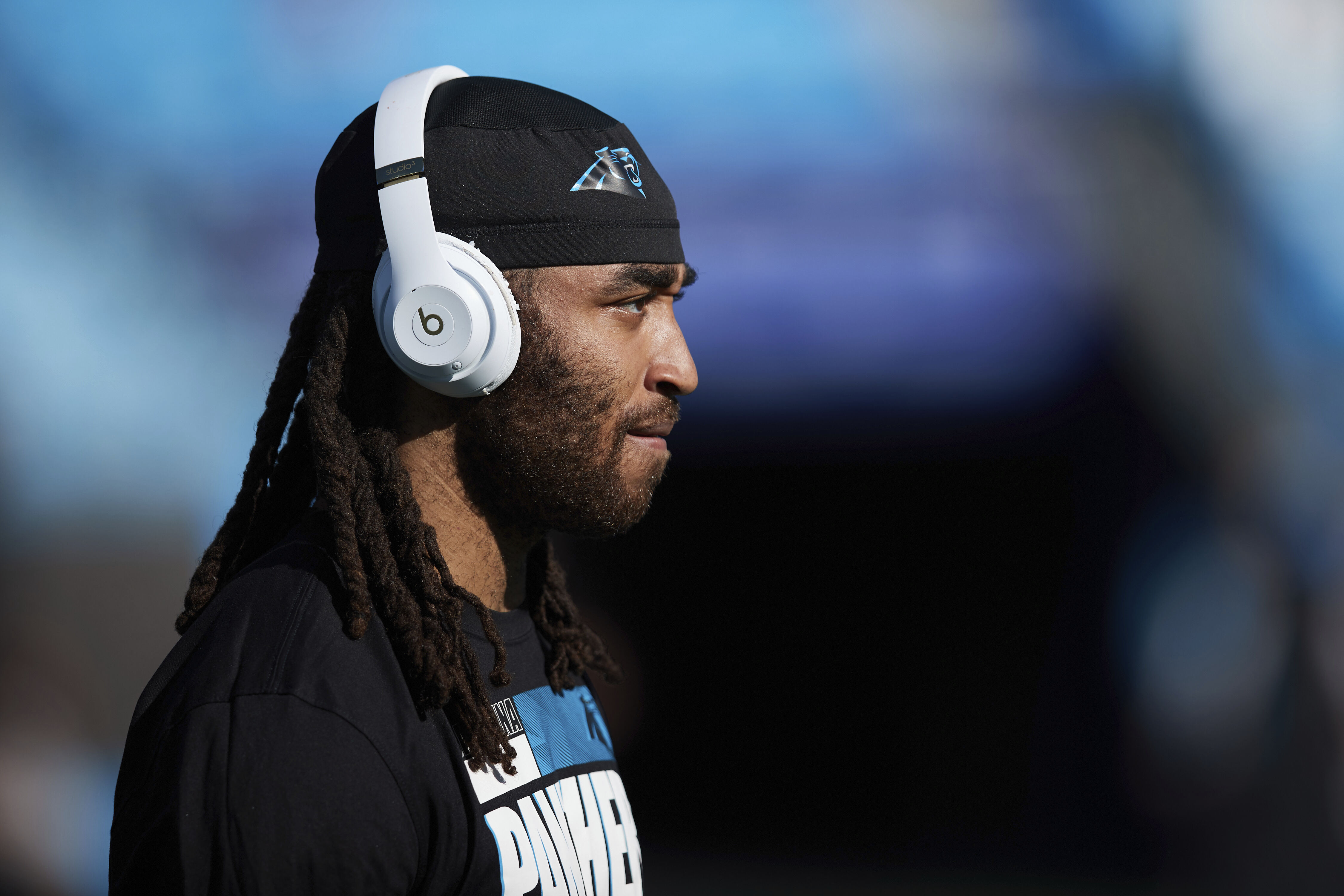 Carolina Panthers cornerback Stephon Gilmore (9) warms-up prior to an NFL football game against the Tampa Bay Buccaneers, Sunday, Dec. 26, 2021, in Charlotte, N.C. (AP Photo/Brian Westerholt)