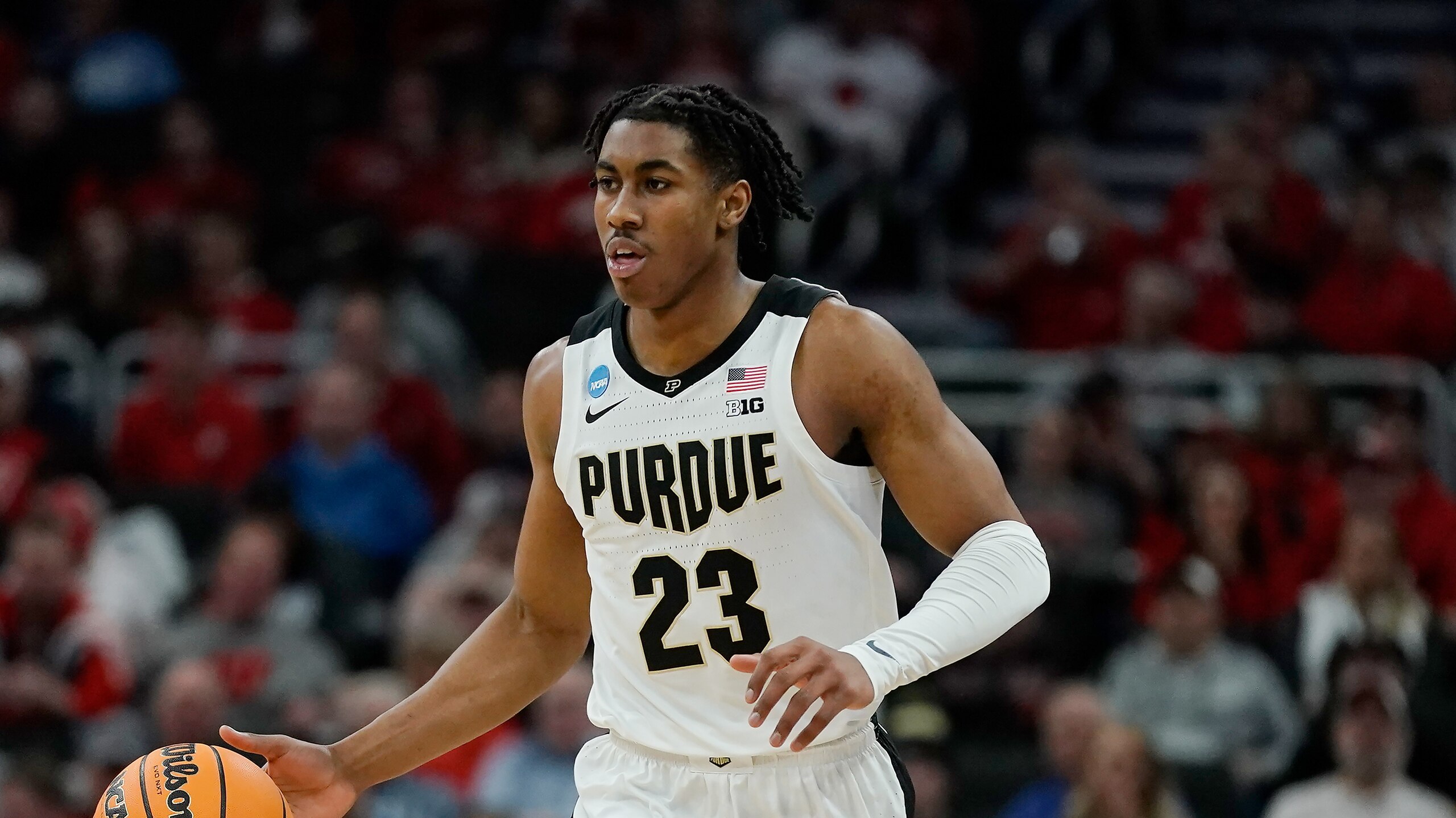 Purdue's Jaden Ivey during the first half of a second-round NCAA college basketball tournament game against Texas Sunday, March 20, 2022, in Milwaukee. (AP Photo/Morry Gash)