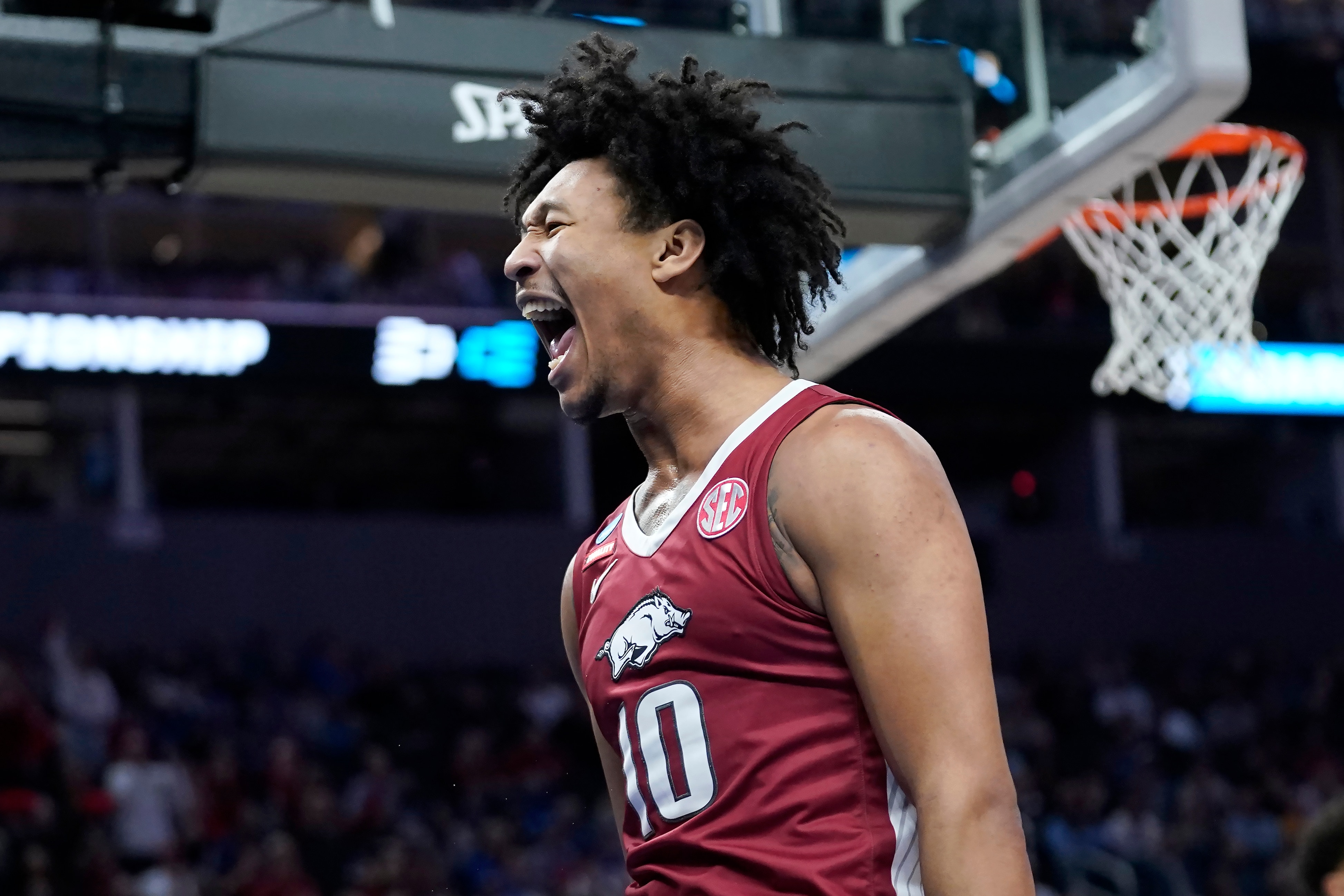 Arkansas forward Jaylin Williams (10) reacts during the first half of a college basketball game against Duke in the Elite 8 round of the NCAA men's tournament in San Francisco, Saturday, March 26, 2022. (AP Photo/Marcio Jose Sanchez)