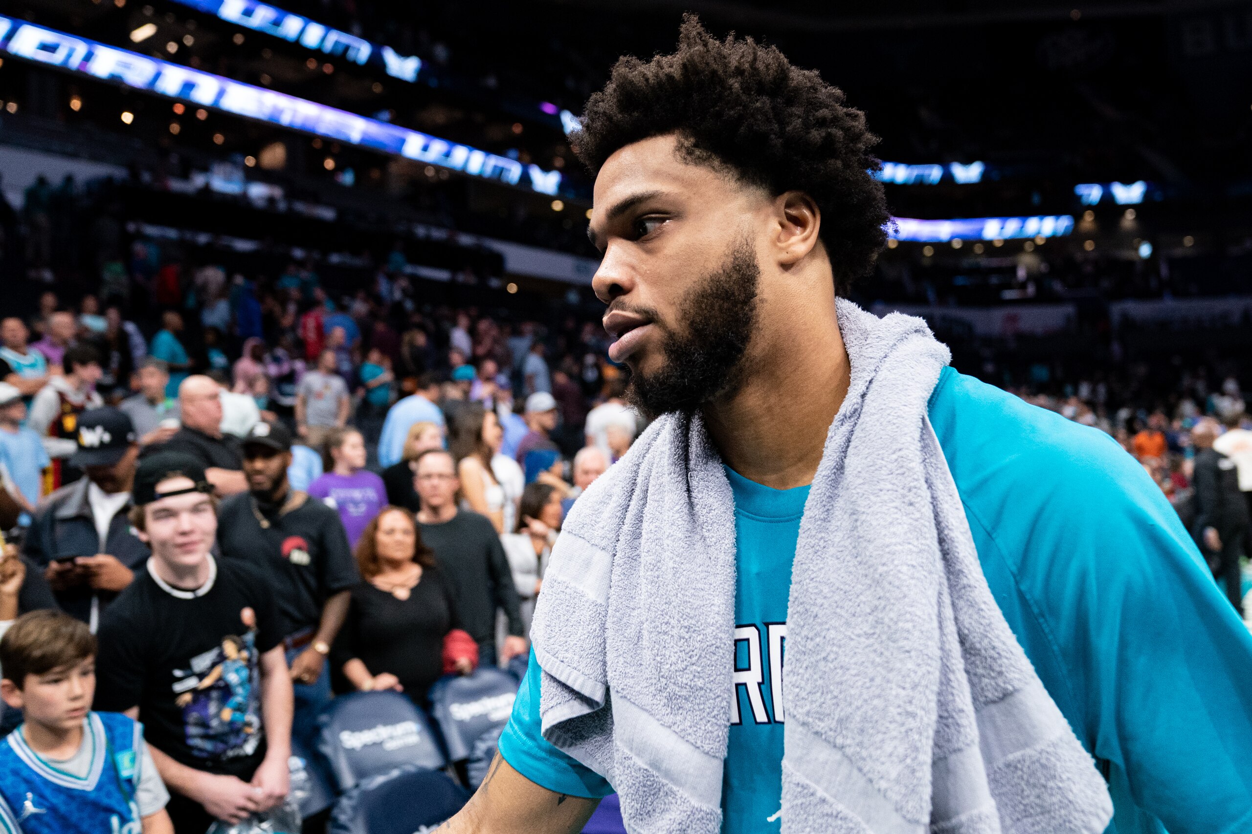 CHARLOTTE, NORTH CAROLINA - APRIL 07: Miles Bridges #0 of the Charlotte Hornets walks off the court after defeating the Orlando Magic during their game at Spectrum Center on April 07, 2022 in Charlotte, North Carolina. NOTE TO USER: User expressly acknowledges and agrees that, by downloading and or using this photograph, User is consenting to the terms and conditions of the Getty Images License Agreement. (Photo by Jacob Kupferman/Getty Images)