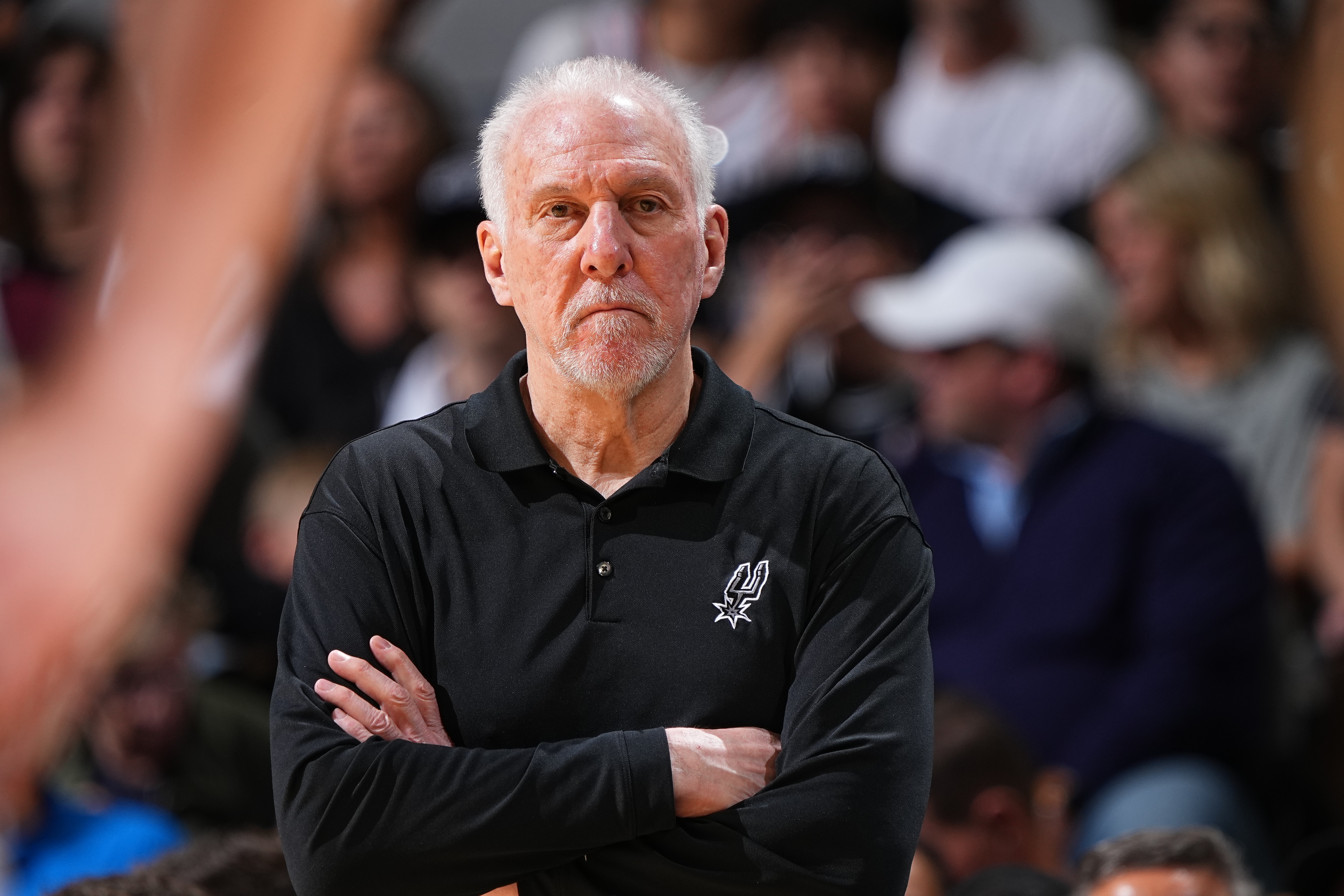 SAN ANTONIO, TX -APRIL 9: Head Coach Gregg Popovich of the San Antonio Spurs looks on during the game against the Golden State Warriors on April 9, 2022 at the AT&T Center in San Antonio, Texas. NOTE TO USER: User expressly acknowledges and agrees that, by downloading and or using this photograph, user is consenting to the terms and conditions of the Getty Images License Agreement. Mandatory Copyright Notice: Copyright 2022 NBAE (Photos by Garrett Ellwood/NBAE via Getty Images)