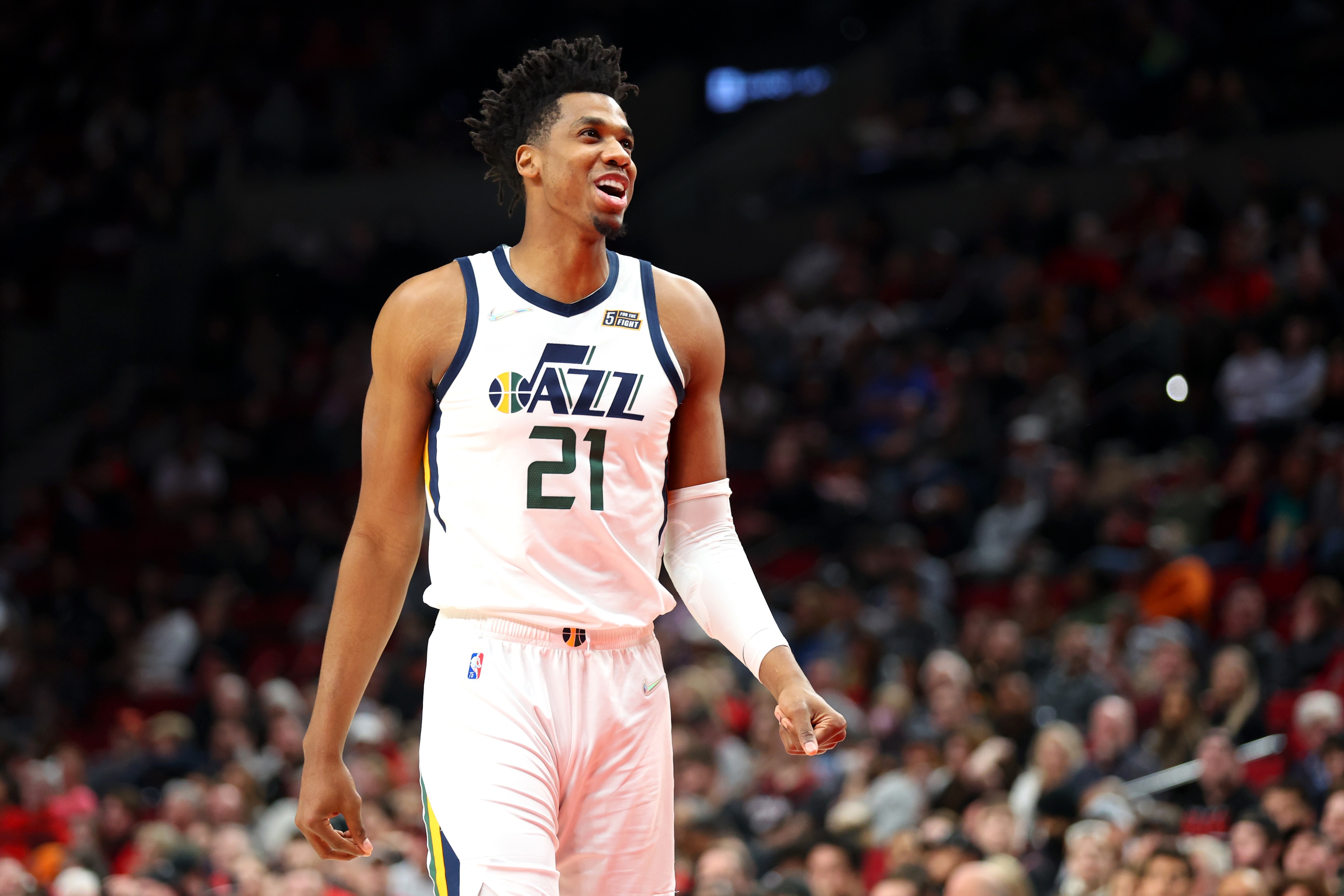 PORTLAND, OREGON - APRIL 10: Hassan Whiteside #21 of the Utah Jazz reacts during action against the Portland Trail Blazers in the second quarter at Moda Center on April 10, 2022 in Portland, Oregon. NOTE TO USER: User expressly acknowledges and agrees that, by downloading and or using this photograph, User is consenting to the terms and conditions of the Getty Images License Agreement. (Photo by Abbie Parr/Getty Images) PORTLAND, OREGON - APRIL 10: Hassan Whiteside #21 of the Utah Jazz reacts during action against the Portland Trail Blazers in the second quarter at Moda Center on April 10, 2022 in Portland, Oregon. NOTE TO USER: User expressly acknowledges and agrees that, by downloading and or using this photograph, User is consenting to the terms and conditions of the Getty Images License Agreement. (Photo by Abbie Parr/Getty Images)