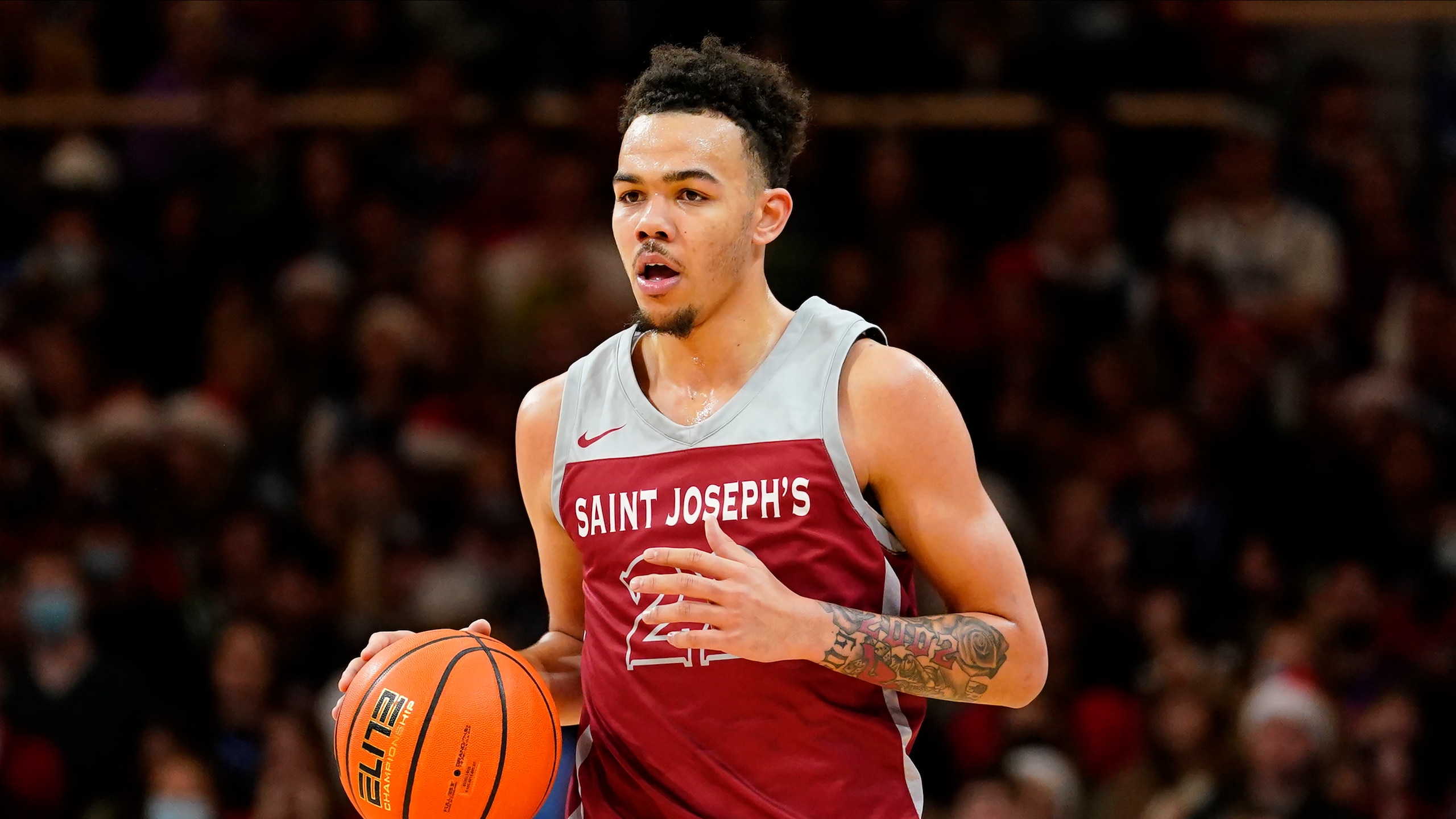 Saint Joseph's Jordan Hall plays during an NCAA college basketball game, Saturday, Dec. 4, 2021, in Villanova, Pa. (AP Photo/Matt Slocum)