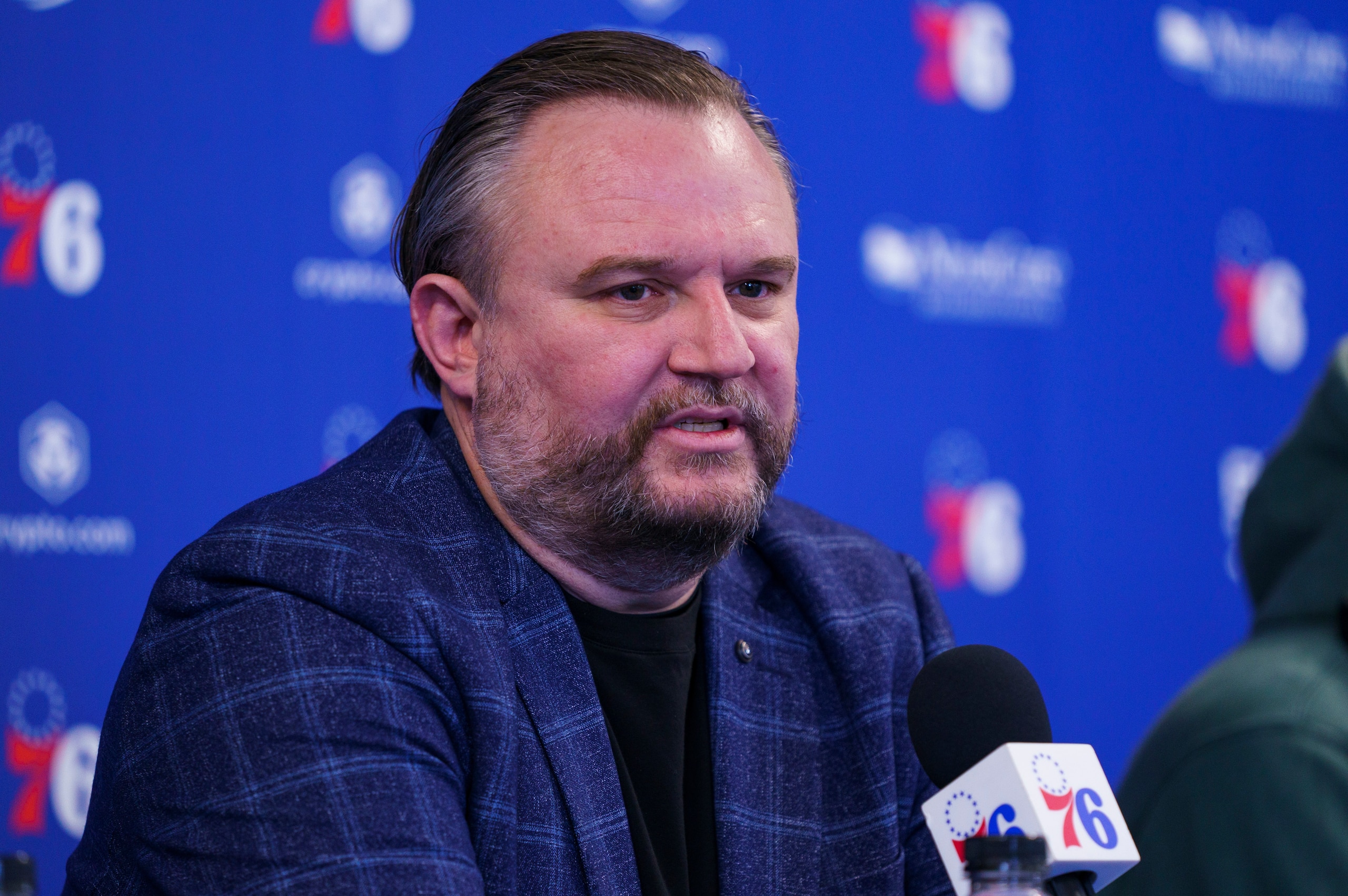 Philadelphia 76ers general manager Daryl Morey takes questions from the media at a practice at the NBA basketball team's facility, Tuesday, Feb. 15, 2022, in Camden. (AP Photo/Chris Szagola)