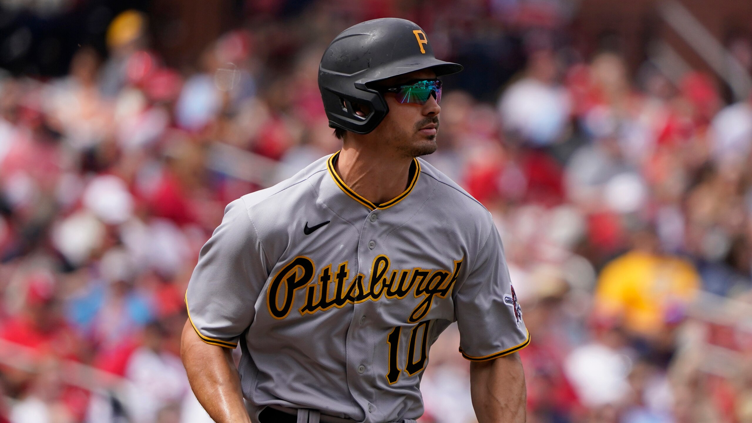 Pittsburgh Pirates' Bryan Reynolds grounds into a double play during the fourth inning of a baseball game against the St. Louis Cardinals Sunday, April 10, 2022, in St. Louis. (AP Photo/Jeff Roberson)