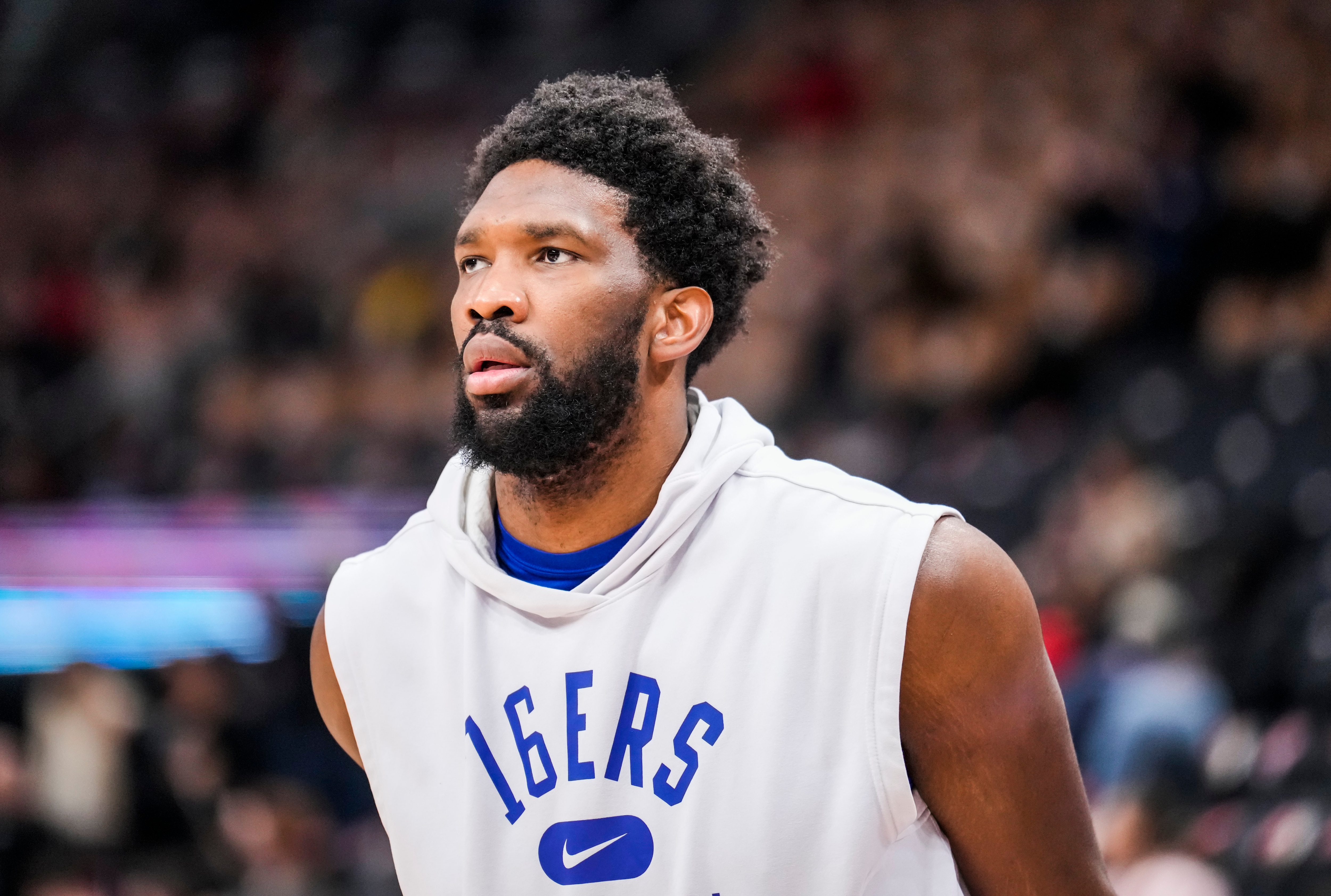TORONTO, ON - APRIL 7: Joel Embiid #21 of the Philadelphia 76ers takes part in warm up before playing the Toronto Raptors during the first half of their basketball game at the Scotiabank Arena on April 7, 2022 in Toronto, Ontario, Canada. NOTE TO USER: User expressly acknowledges and agrees that, by downloading and/or using this Photograph, user is consenting to the terms and conditions of the Getty Images License Agreement. (Photo by Mark Blinch/Getty Images)