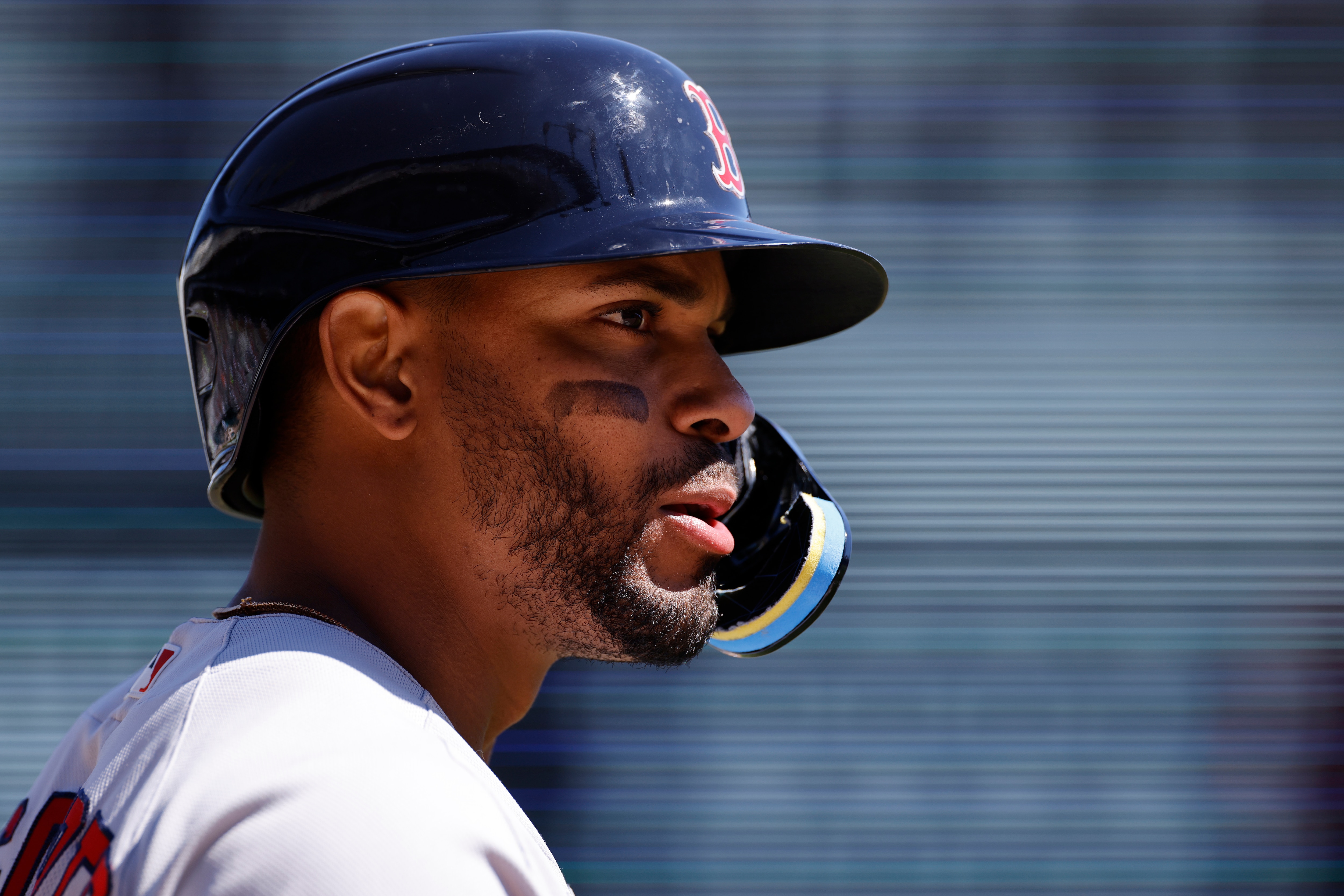 DETROIT, MI - APRIL 12: Boston Red Sox shortstop Xander Bogaerts (2) looks on while waiting to bat during an MLB game against the Detroit Tigers on April 12, 2022 at Comerica Park in Detroit, Michigan. (Photo by Joe Robbins/Icon Sportswire via Getty Images)