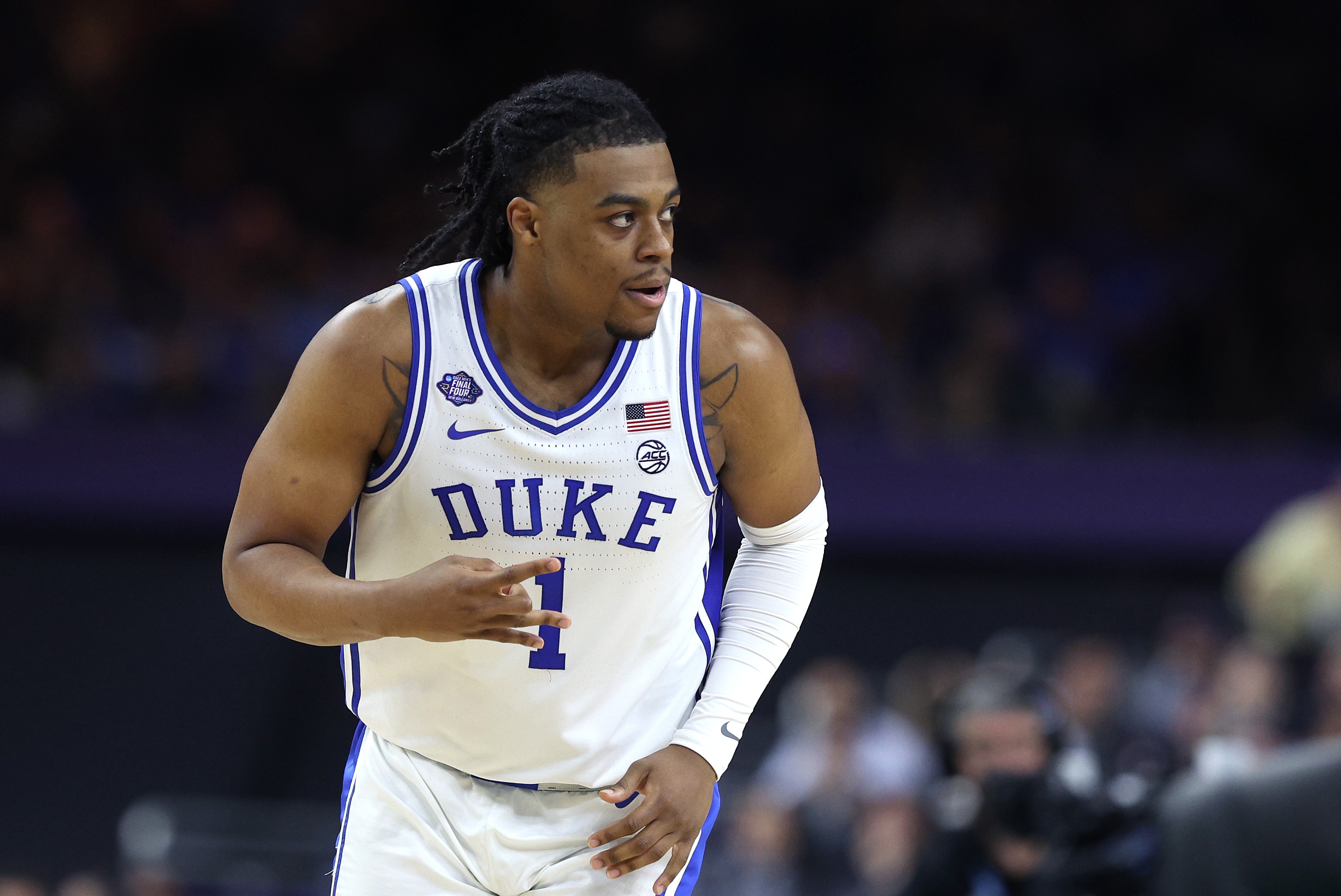 NEW ORLEANS, LOUISIANA - APRIL 02: Trevor Keels #1 of the Duke Blue Devils reacts in the second half of the game against the North Carolina Tar Heels during the 2022 NCAA Men's Basketball Tournament Final Four semifinal at Caesars Superdome on April 02, 2022 in New Orleans, Louisiana. (Photo by Tom Pennington/Getty Images)
