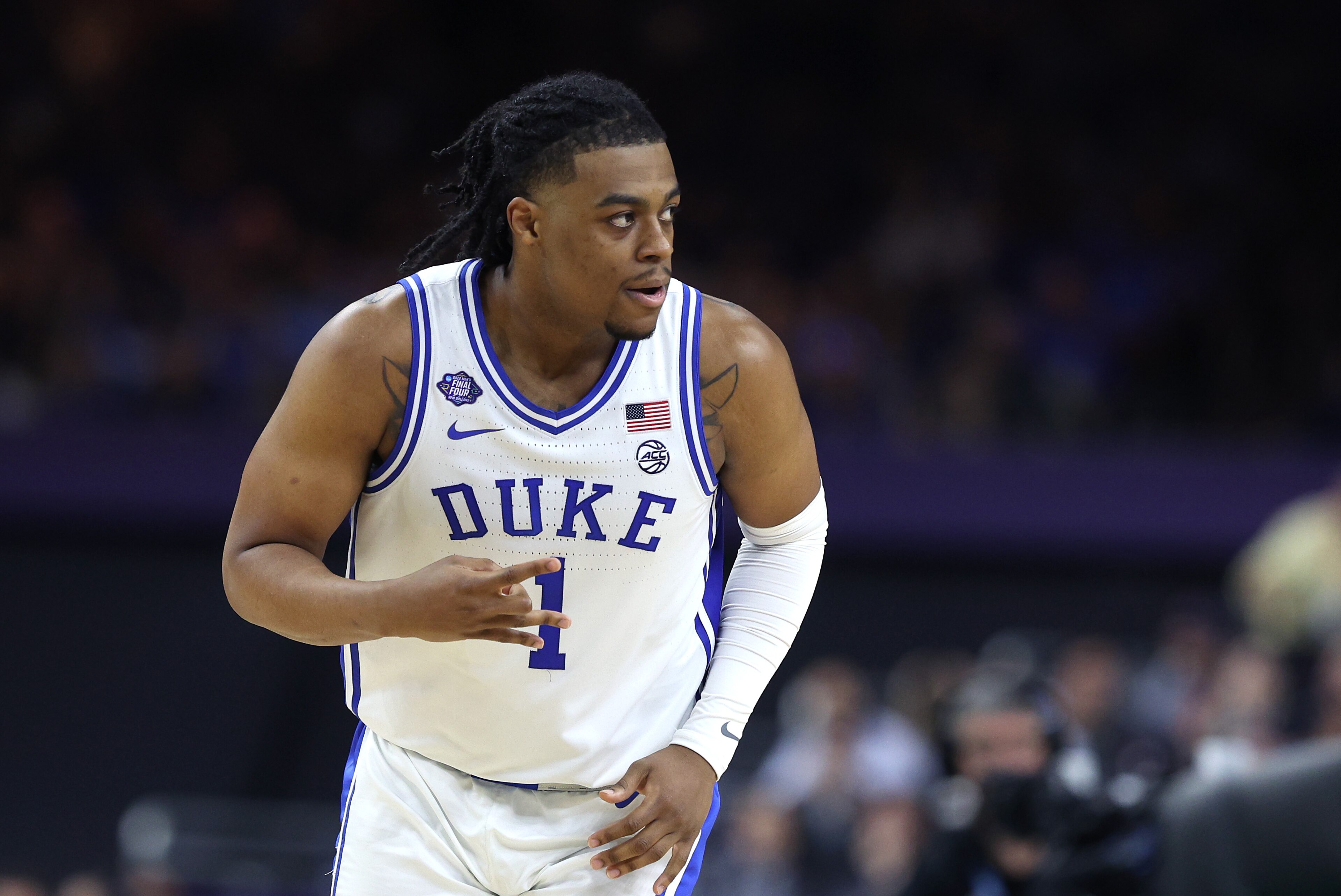 NEW ORLEANS, LOUISIANA - APRIL 02: Trevor Keels #1 of the Duke Blue Devils reacts in the second half of the game against the North Carolina Tar Heels during the 2022 NCAA Men's Basketball Tournament Final Four semifinal at Caesars Superdome on April 02, 2022 in New Orleans, Louisiana. (Photo by Tom Pennington/Getty Images)