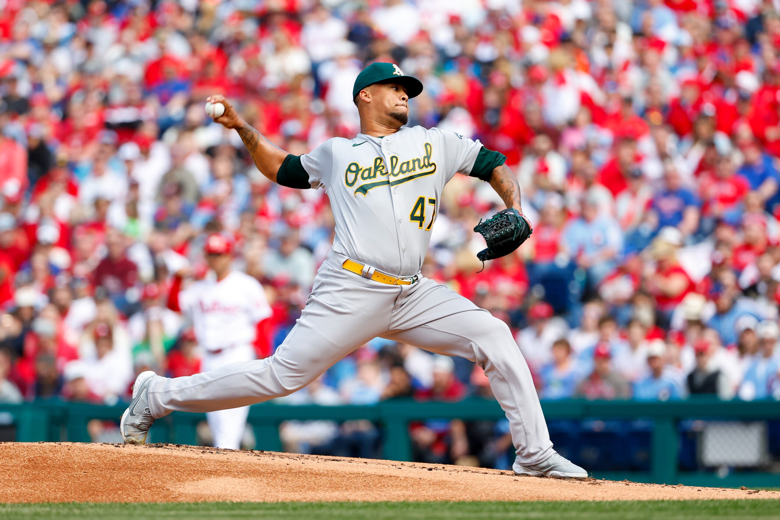 PHILADELPHIA, PA - APRIL 08:  Oakland Athletics starting pitcher Frankie Montas (47) pitches during the first inning of the Major League Baseball game between the Philadelphia Phillies and the Oakland Athletics on April 8, 2022 at Citizens Bank Park in Philadelphia, Pennsylvania.  (Photo by Rich Graessle/Icon Sportswire via Getty Images)