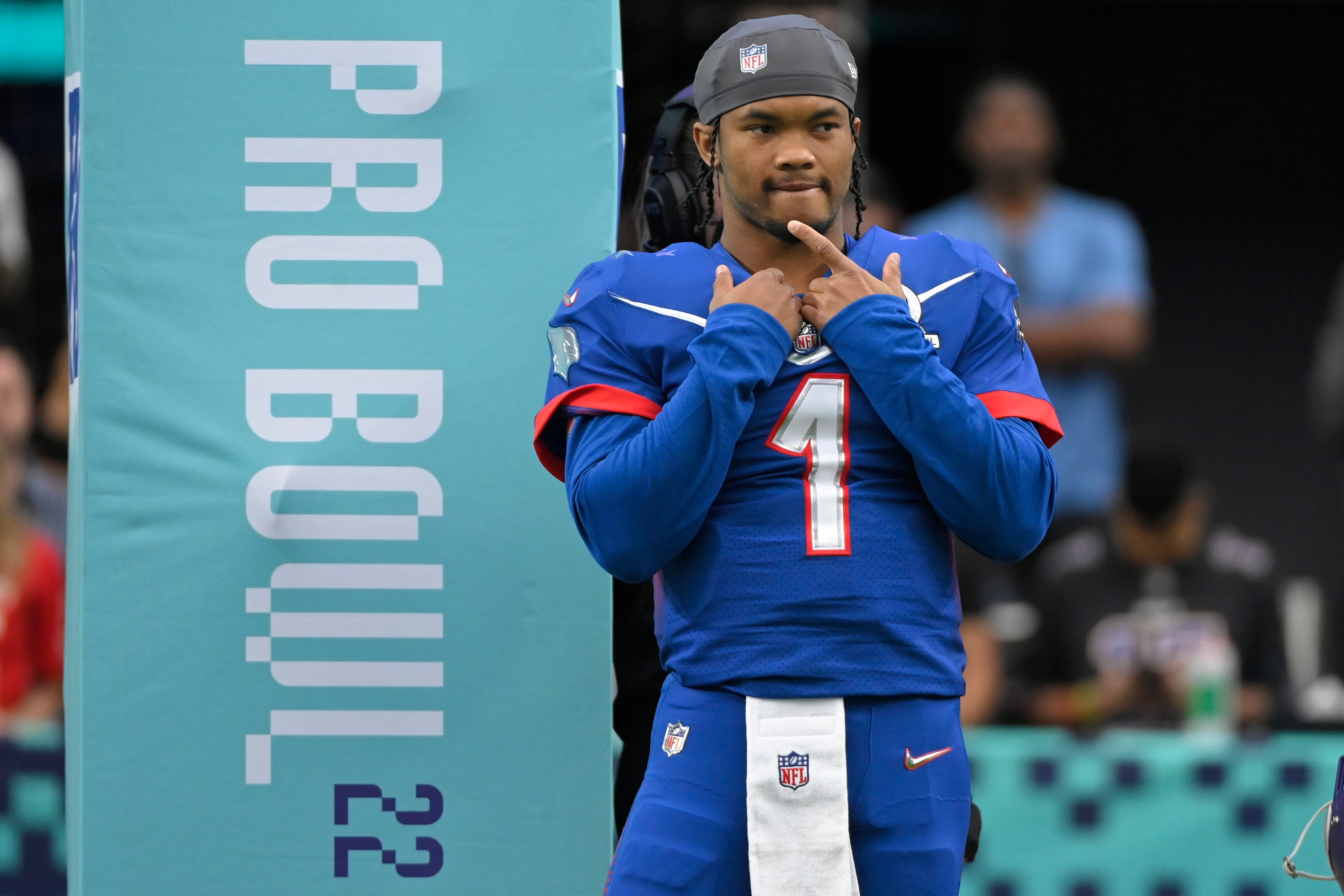 NFC quarterback Kyler Murray, of the Arizona Cardinals, stands on the field during introductions before the Pro Bowl NFL football game against the AFC, Sunday, Feb. 6, 2022, in Las Vegas. (AP Photo/David Becker)