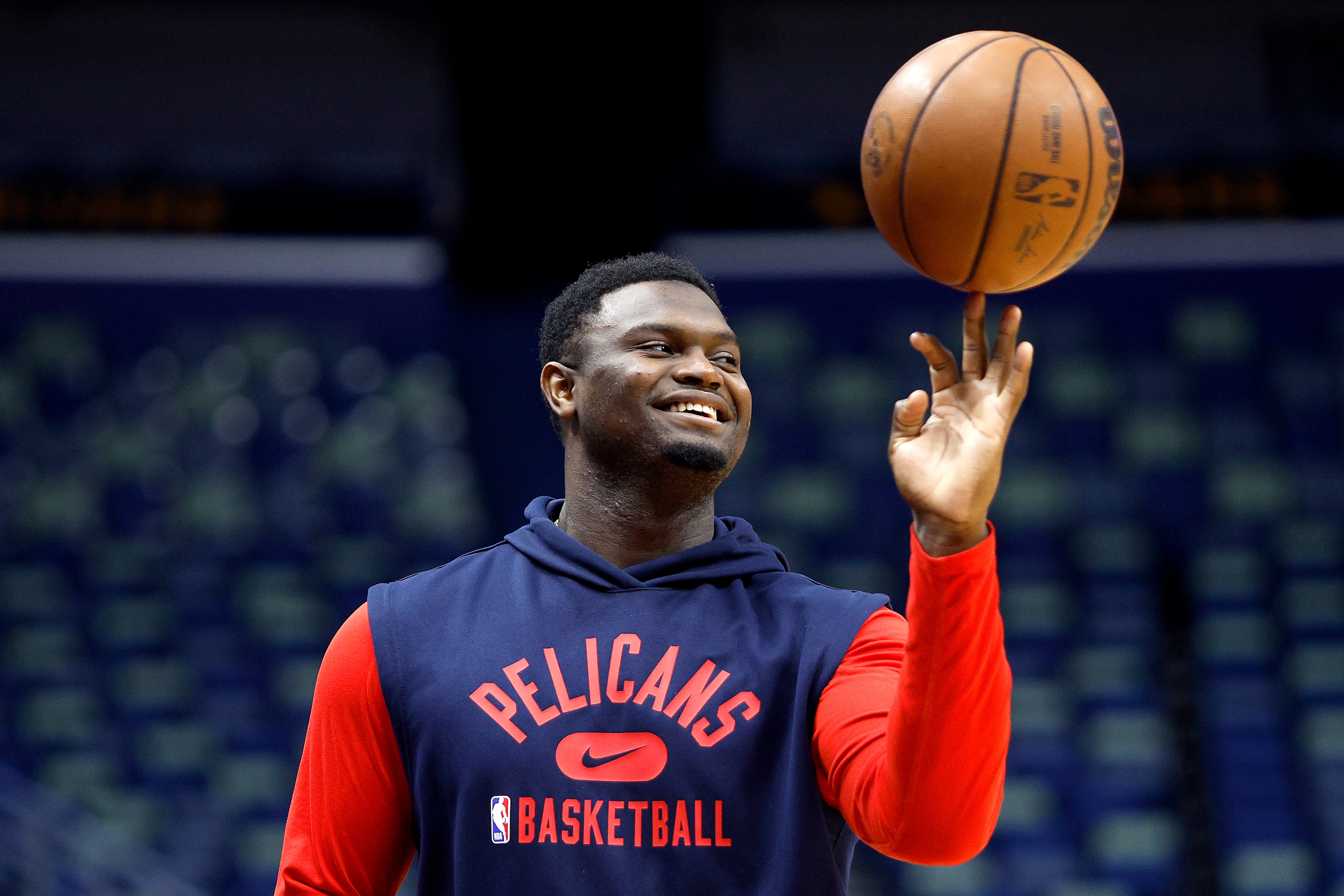 NEW ORLEANS, LOUISIANA - MARCH 27: Zion Williamson #1 of the New Orleans Pelicans stands on the court prior to the start of an NBA game against the Los Angeles Lakers at Smoothie King Center on March 27, 2022 in New Orleans, Louisiana. NOTE TO USER: User expressly acknowledges and agrees that, by downloading and or using this photograph, User is consenting to the terms and conditions of the Getty Images License Agreement. (Photo by Sean Gardner/Getty Images)