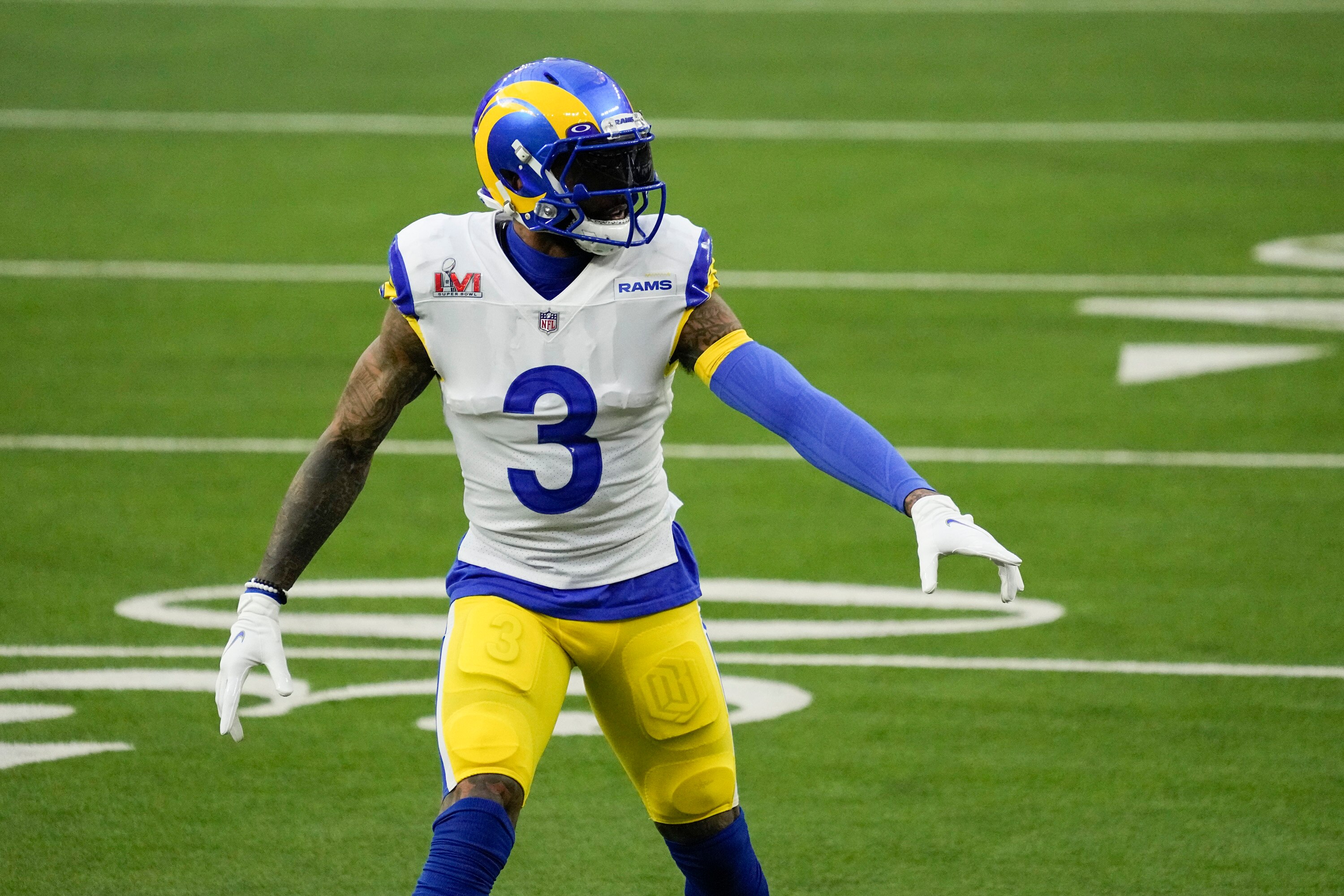 Los Angeles Rams wide receiver Odell Beckham Jr. lines up for a play during the first half of the NFL Super Bowl 56 football game Sunday, Feb. 13, 2022, in Inglewood, Calif. The Los Angeles Rams defeated the Cincinnati Bengals 23-20. (AP Photo/Julio Cortez)