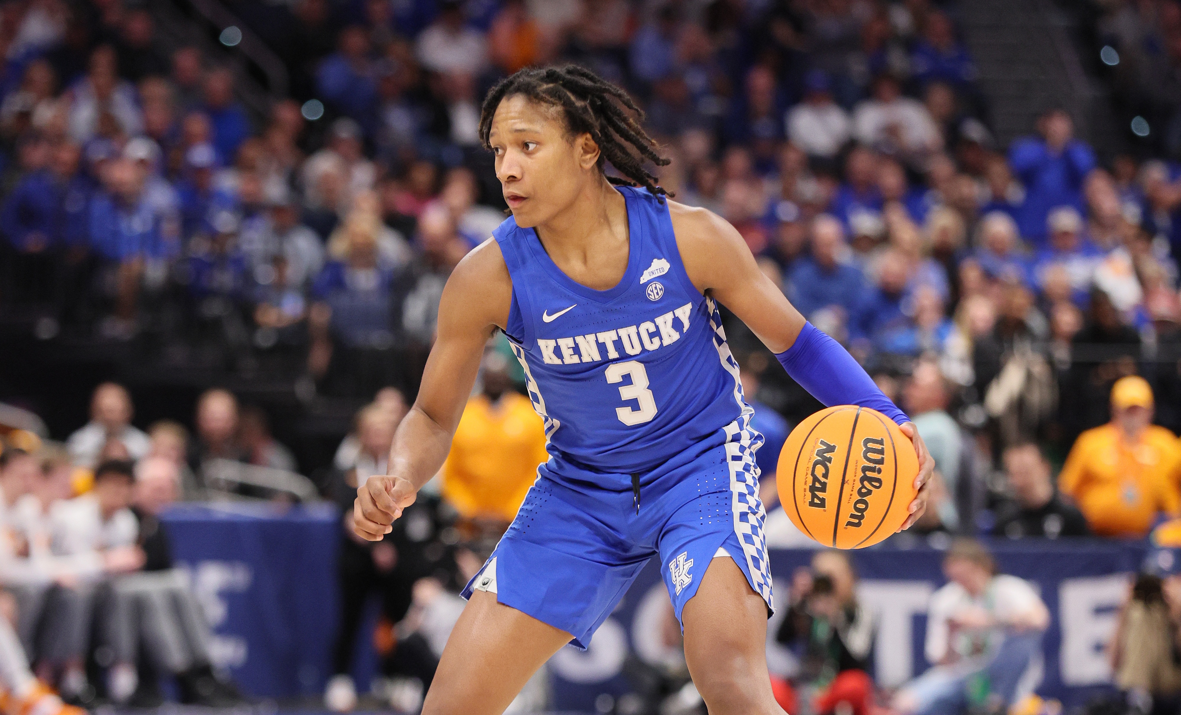 TAMPA, FLORIDA - MARCH 12: TYTY Washington #3 of the Kentucky Wildcats against the Tennessee Volunteers in the semifinals of the Men's SEC basketball Tournament at Amalie Arena on March 12, 2022 in Tampa, Florida. (Photo by Andy Lyons/Getty Images)
