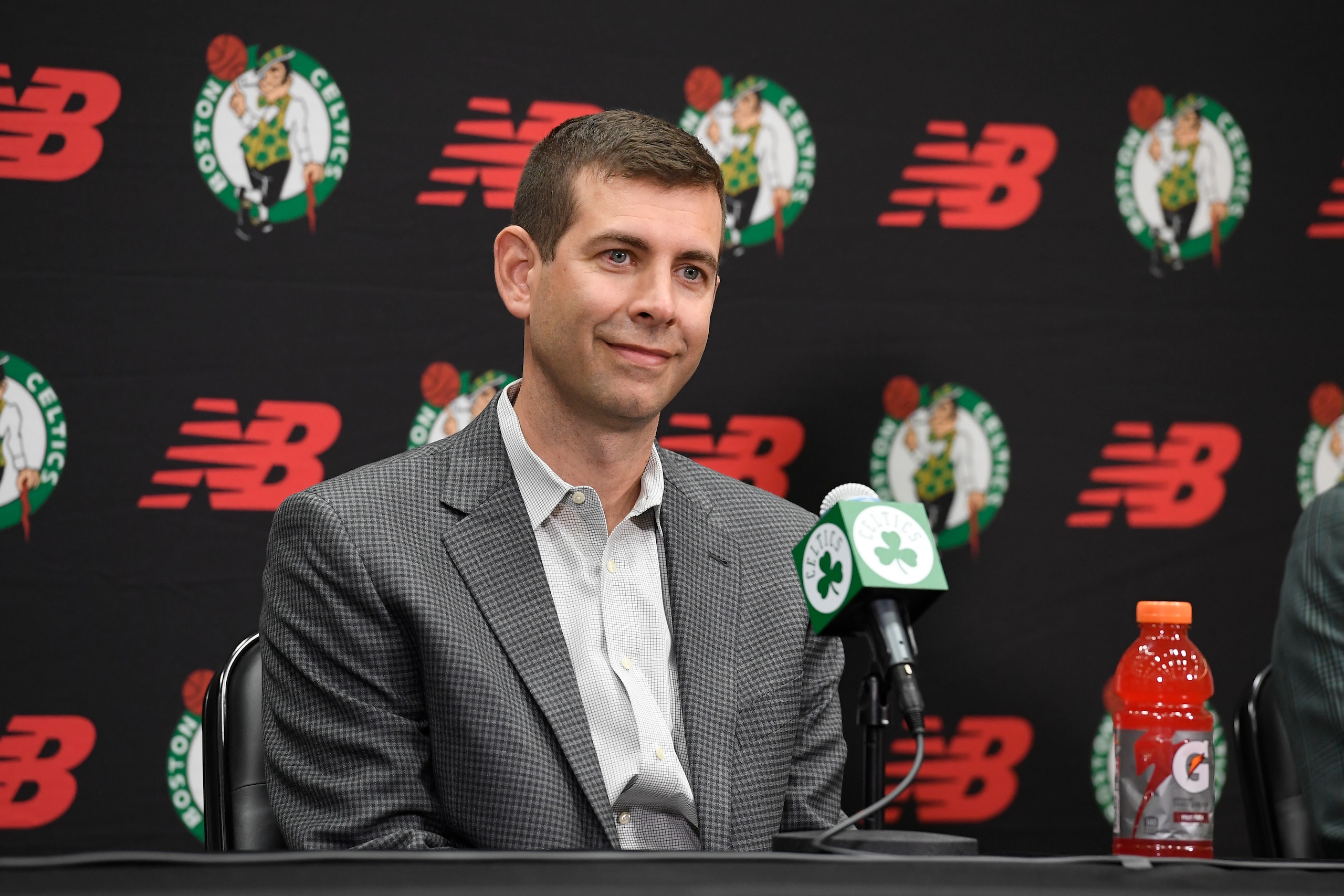 BOSTON, MA - JUNE 28: President, Brad Stevens of the Boston Celtics introduces Ime Udoka as new head coach of the Boston Celtics during a press conference on June 28, 2021 at the TD Garden in Boston, Massachusetts.  NOTE TO USER: User expressly acknowledges and agrees that, by downloading and or using this photograph, User is consenting to the terms and conditions of the Getty Images License Agreement. Mandatory Copyright Notice: Copyright 2021 NBAE  (Photo by Brian Babineau/NBAE via Getty Images)