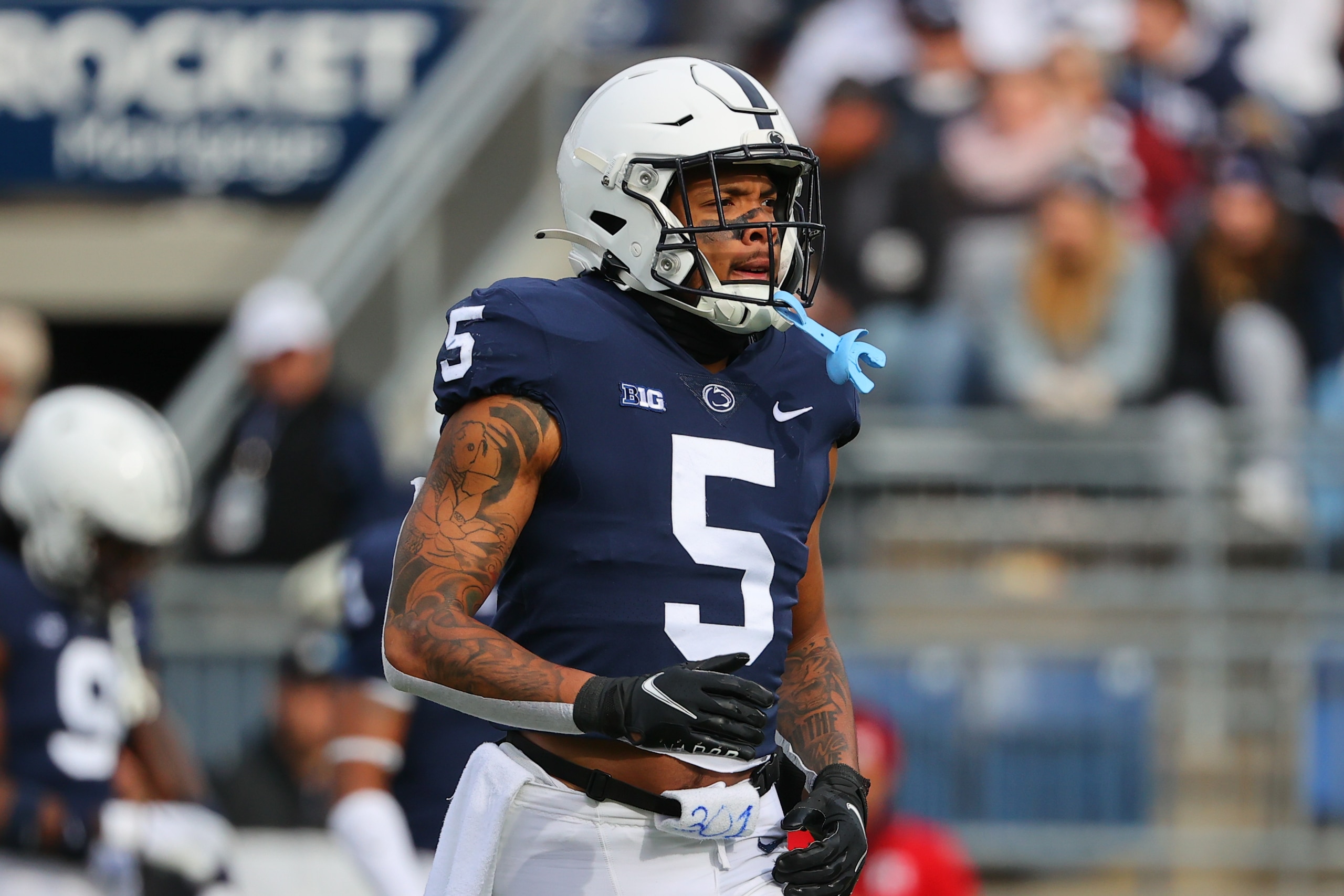 UNIVERSITY PARK, PA - NOVEMBER 20: Penn State Nittany Lions cornerback Tariq Castro-Fields (5) during the college football game between the Penn State Nittany Lions and the Rutgers Scarlet Knights on November 20, 2021 at Beaver Stadium in University Park,PA. (Photo by Rich Graessle/Icon Sportswire via Getty Images) UNIVERSITY PARK, PA - NOVEMBER 20: Penn State Nittany Lions cornerback Tariq Castro-Fields (5) during the college football game between the Penn State Nittany Lions and the Rutgers Scarlet Knights on November 20, 2021 at Beaver Stadium in University Park,PA. (Photo by Rich Graessle/Icon Sportswire via Getty Images)