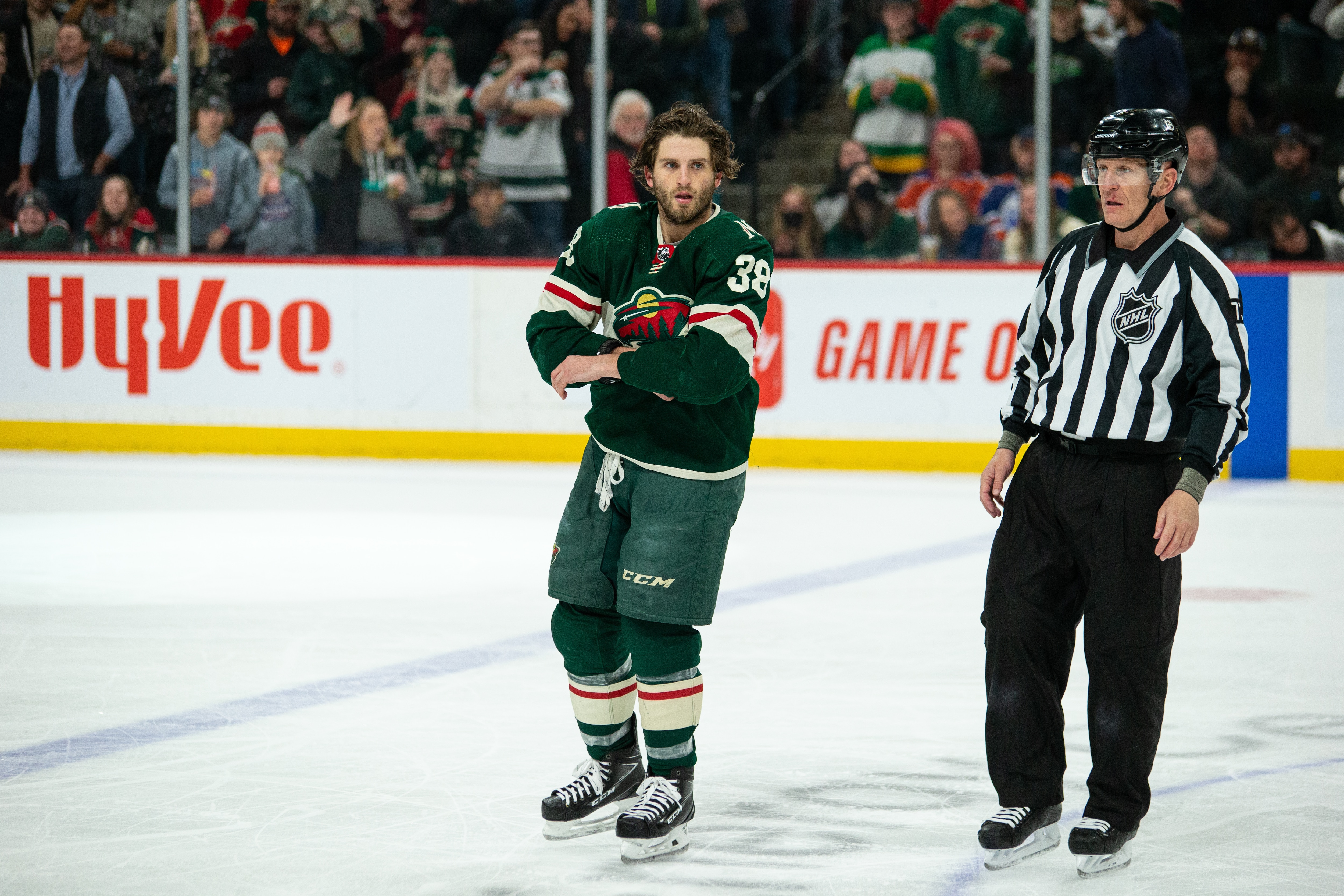 MINNEAPOLIS, MN - APRIL 12: Minnesota Wild Center Ryan Hartman (38) skates off the ice after getting a major penalty during the NHL game between the Edmonton Oilers and the Minnesota Wild on April 12th, 2022, at Xcel Energy Center in St. Paul, MN.(Photo by Bailey Hillesheim/Icon Sportswire via Getty Images)