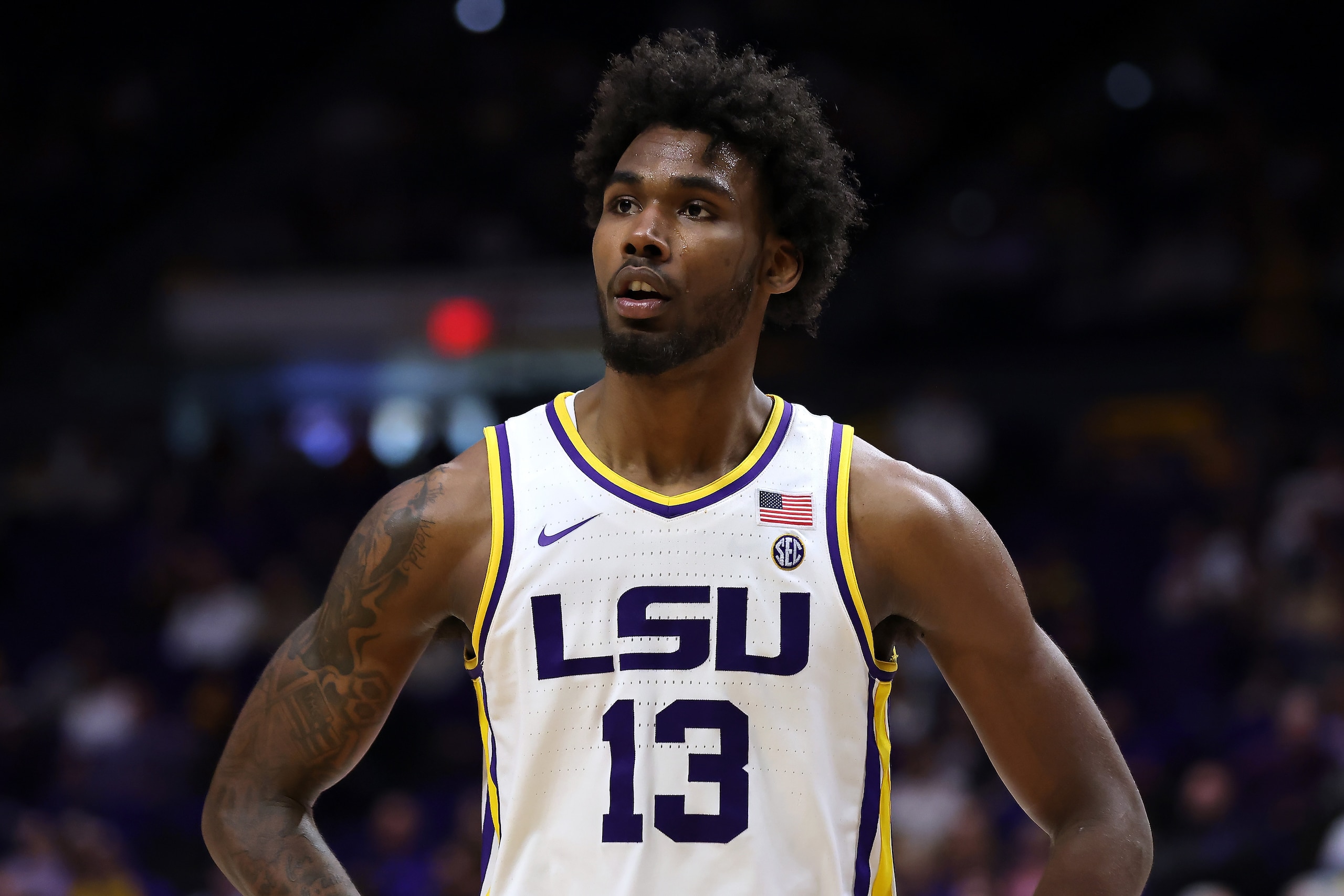 BATON ROUGE, LOUISIANA - FEBRUARY 26: Tari Eason #13 of the LSU Tigers reacts against the Missouri Tigers during a game at the Pete Maravich Assembly Center on February 26, 2022 in Baton Rouge, Louisiana. (Photo by Jonathan Bachman/Getty Images)