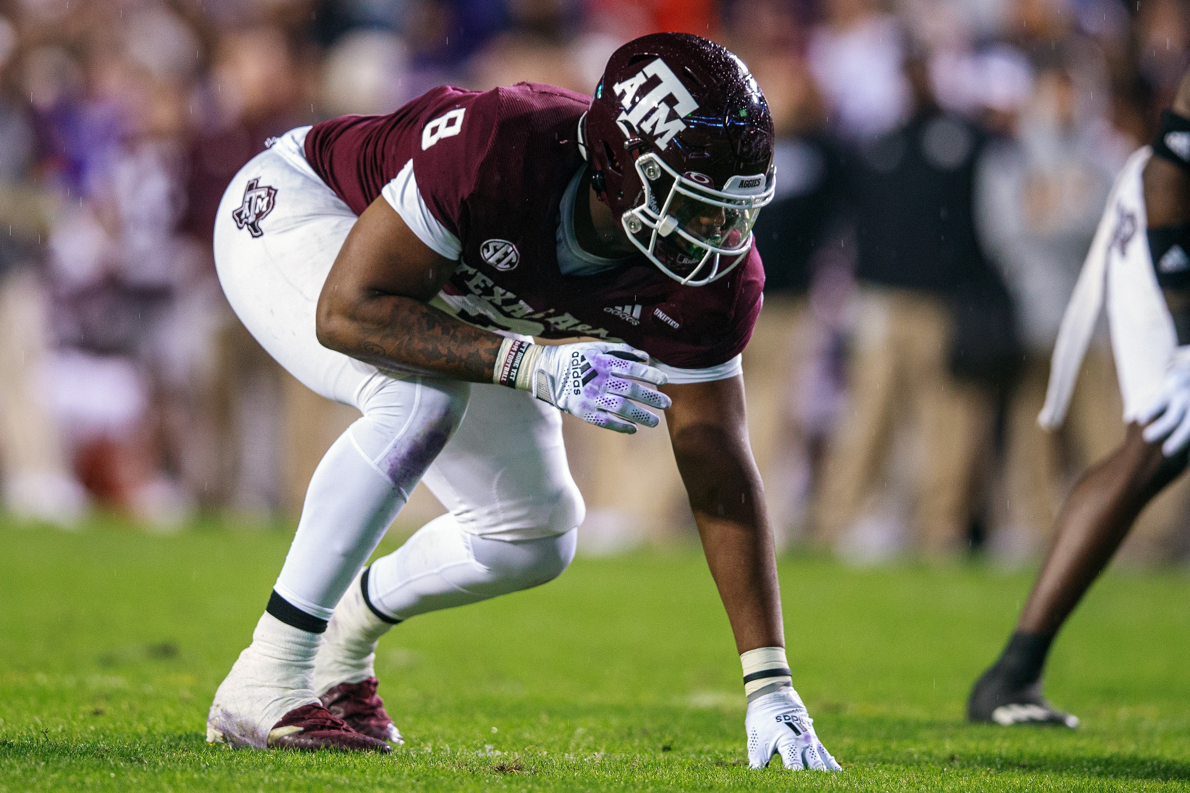 BATON ROUGE, LA - NOVEMBER 27: Texas A&M Aggies defensive lineman DeMarvin Leal (8) lines up for a play during a game between the Texas A&M Aggies and the LSU Tigers, in Tiger Stadium in Baton Rouge, Louisiana on November 27, 2021 (Photo by John Korduner/Icon Sportswire via Getty Images)