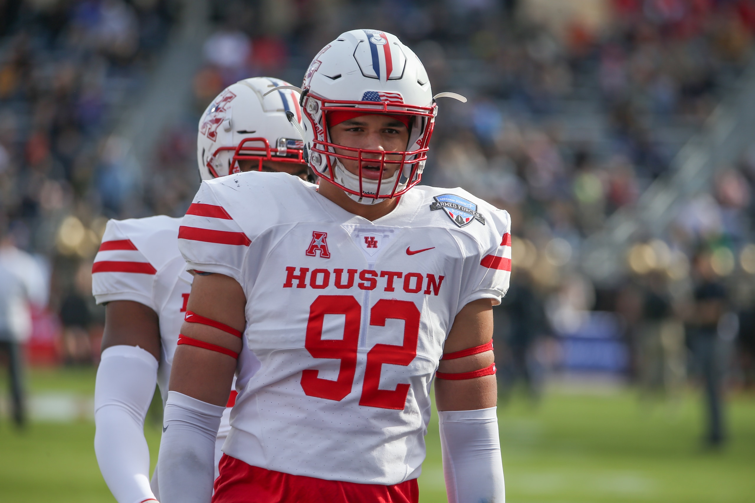 FORT WORTH, TX - DECEMBER 22: Houston Cougars defensive lineman Logan Hall (92) warms up for the Armed Forces Bowl between Houston and Army on December 22, 2018 at Amon G. Carter Stadium in Fort Worth, TX. (Photo by George Walker/Icon Sportswire via Getty Images) FORT WORTH, TX - DECEMBER 22: Houston Cougars defensive lineman Logan Hall (92) warms up for the Armed Forces Bowl between Houston and Army on December 22, 2018 at Amon G. Carter Stadium in Fort Worth, TX. (Photo by George Walker/Icon Sportswire via Getty Images)