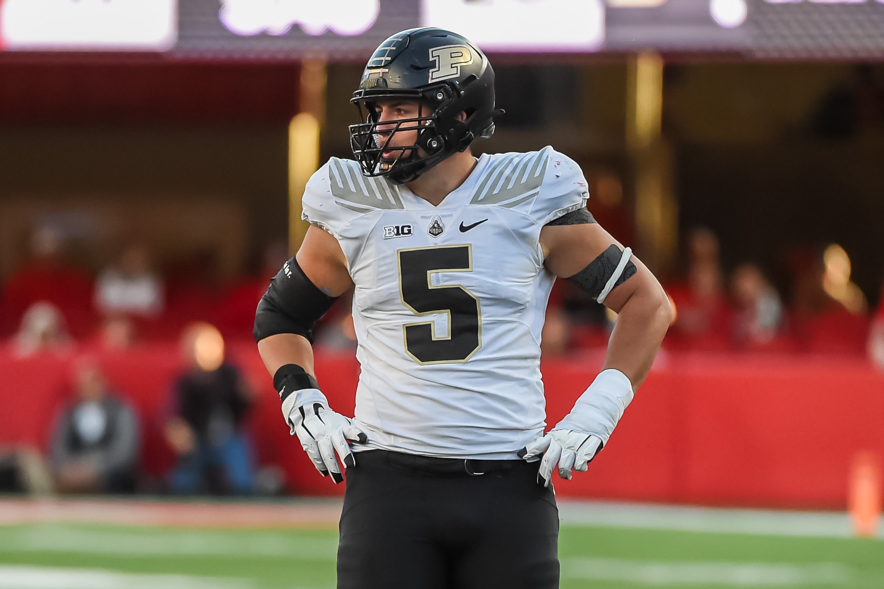 LINCOLN, NE - OCTOBER 30: Defensive end George Karlaftis #5 of the Purdue Boilermakers prepares to rush against the Nebraska Cornhuskers in the second half at Memorial Stadium on October 30, 2021 in Lincoln, Nebraska. (Photo by Steven Branscombe/Getty Images)