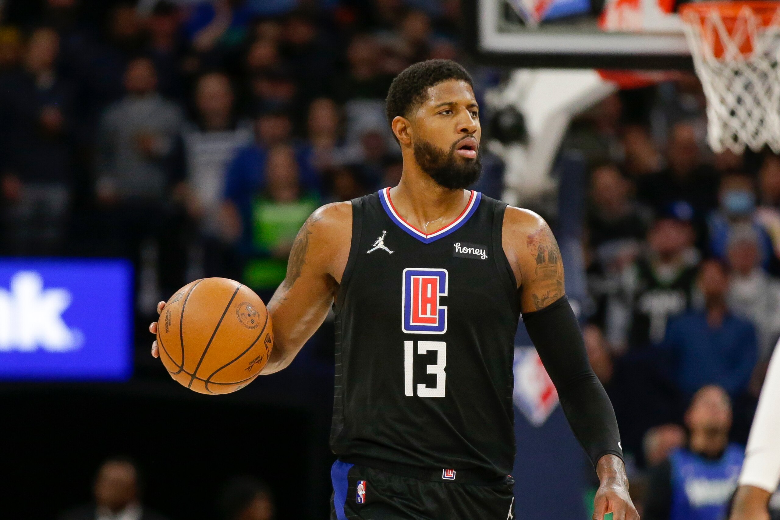 Los Angeles Clippers guard Paul George plays during an NBA basketball game against the Minnesota Timberwolves Tuesday, April 12, 2022, in Minneapolis. (AP Photo/Andy Clayton-King) Los Angeles Clippers guard Paul George plays during an NBA basketball game against the Minnesota Timberwolves Tuesday, April 12, 2022, in Minneapolis. (AP Photo/Andy Clayton-King)